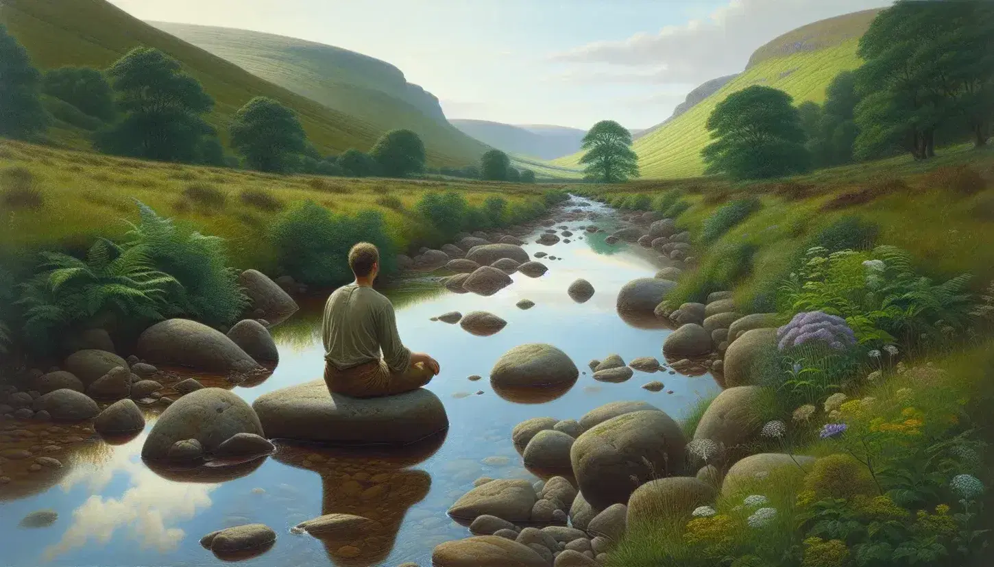 Serene natural landscape with a clear stream, lush greenery, wildflowers, and a person meditating on a rock, surrounded by rolling hills and distant mountains.