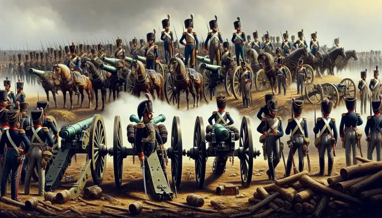 Panoramic view of a historical European battlefield with cannons, infantry in blue and white uniforms, and cavalry in green with plumed helmets.