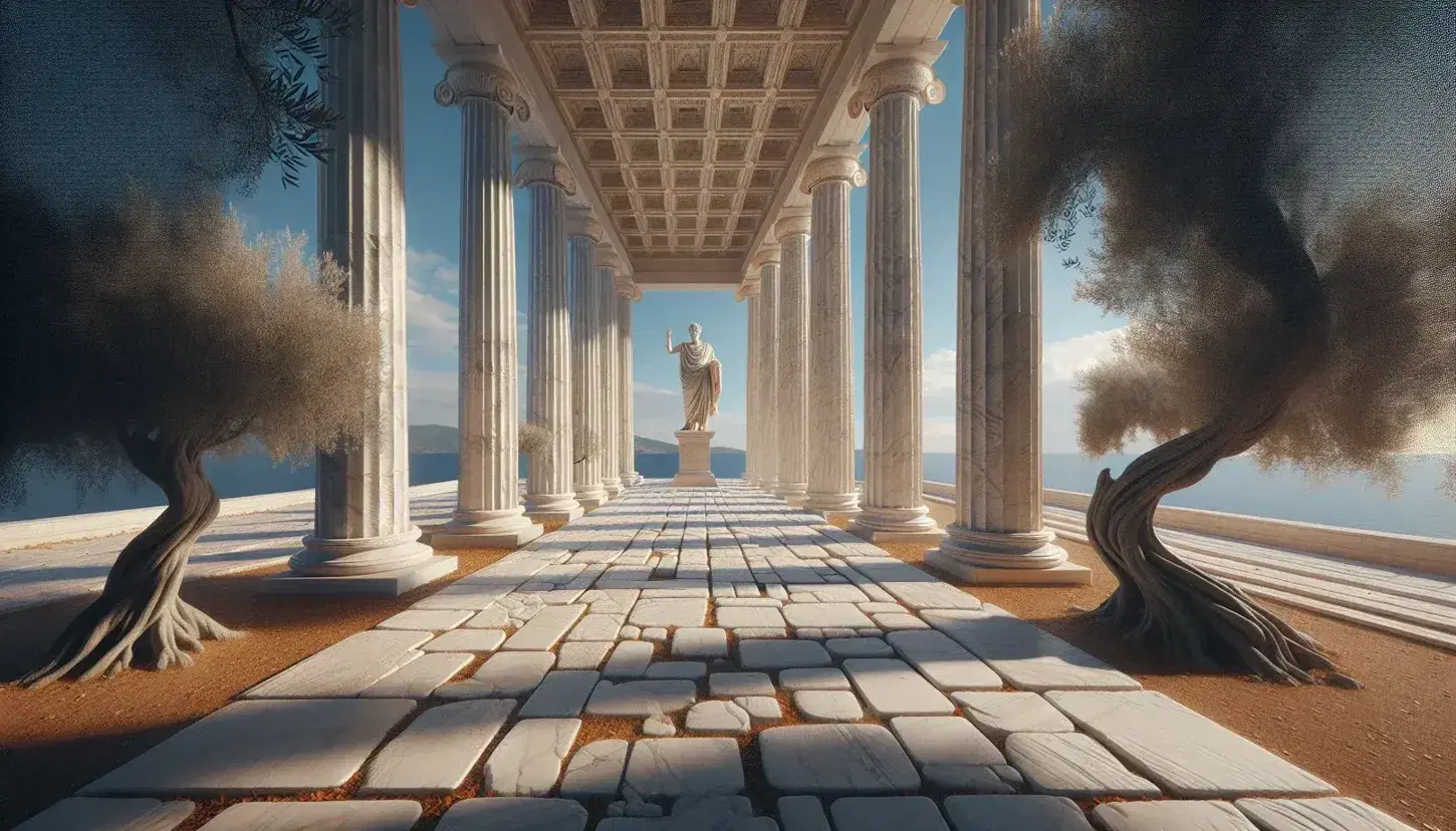 Colonne doriche in marmo bianco con statua di filosofo greco, cielo azzurro, mare in lontananza e albero d'olivo in primo piano.