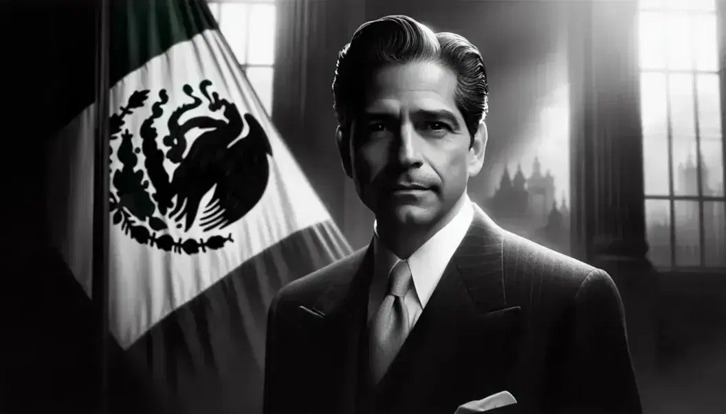 Hombre hispano de mediana edad en traje formal oscuro y corbata clara, con expresión seria, de pie junto a bandera mexicana parcialmente visible en fondo institucional.