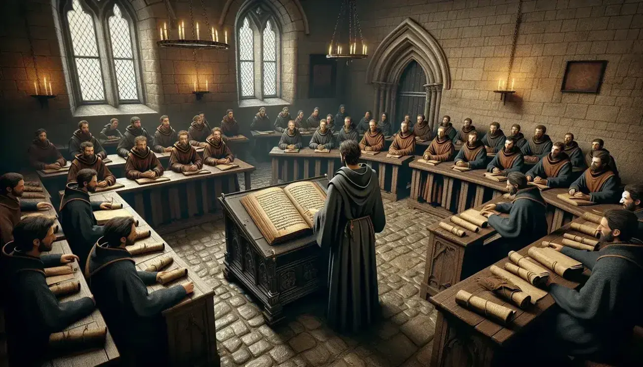 Aula universitaria medievale con studenti in tuniche, docente in abito grigio, leggio con libro aperto, banchi semicircolari, pergamene e lampade a olio.