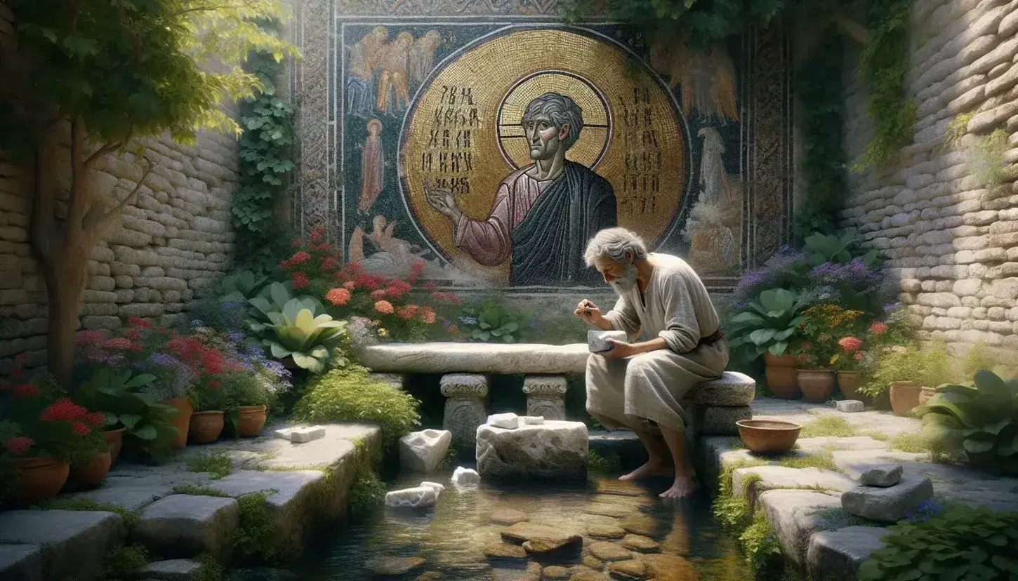 Elderly sculptor carves marble on stone bench in garden with Byzantine mosaic, stream, and birds, under a gentle sun.