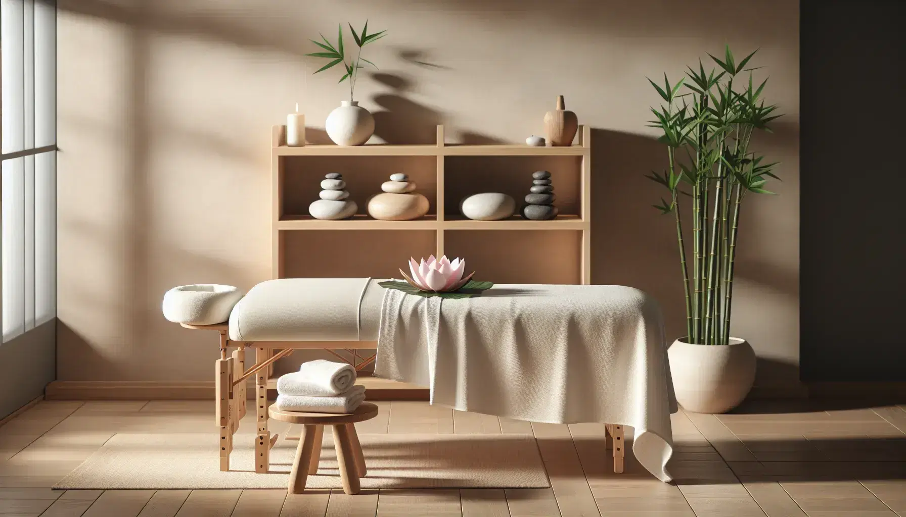 Relaxing environment with massage table, white towels, bamboo plant, stacked stones and lotus flower in water on beige background.