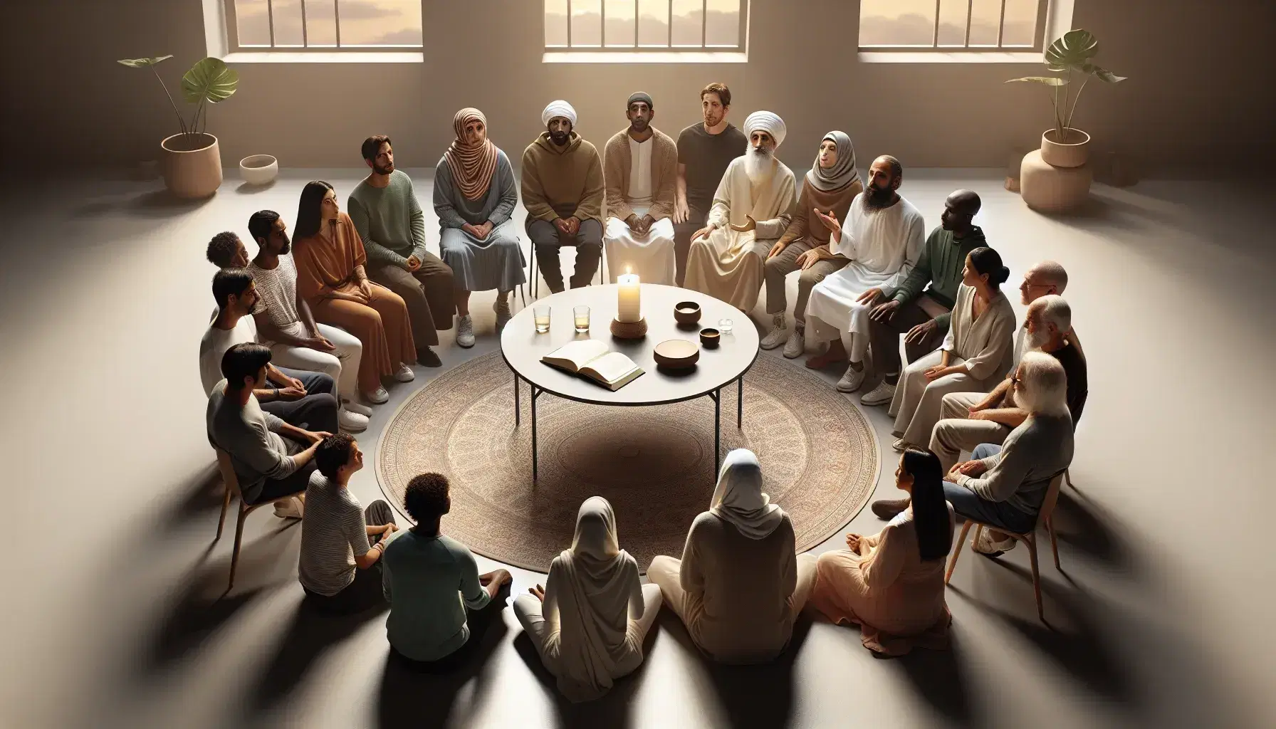 Multicultural meeting in a circle with men and women in various clothes, central table with book, candle and plant, serene atmosphere.