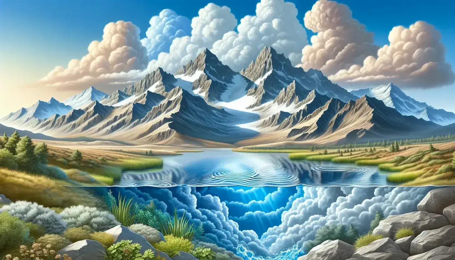 Paesaggio naturale con lago sereno, montagne innevate e nuvole nel cielo che rappresentano i tre stati dell'acqua: liquido, solido e gassoso.