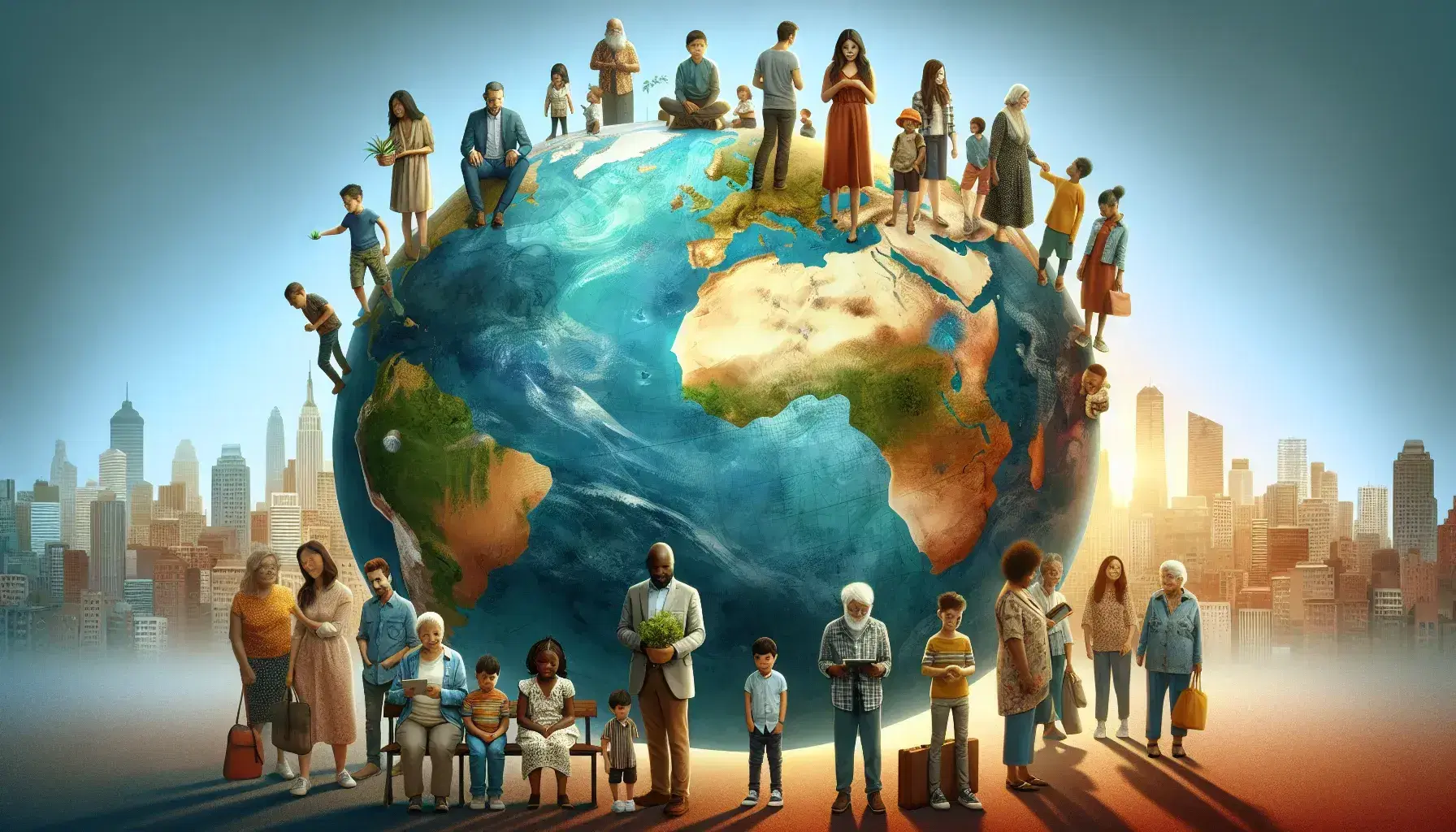 Multi-ethnic group of people of different ages on a globe, with child holding a plant and old woman on a bench, urban background at sunset.
