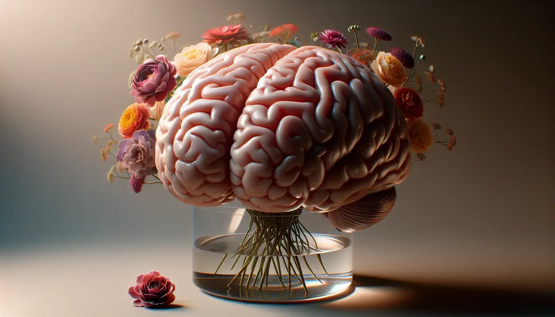 Detailed model of left brain hemisphere on neutral background next to glass vase with colorful bouquet, soft reflections and light shadows.