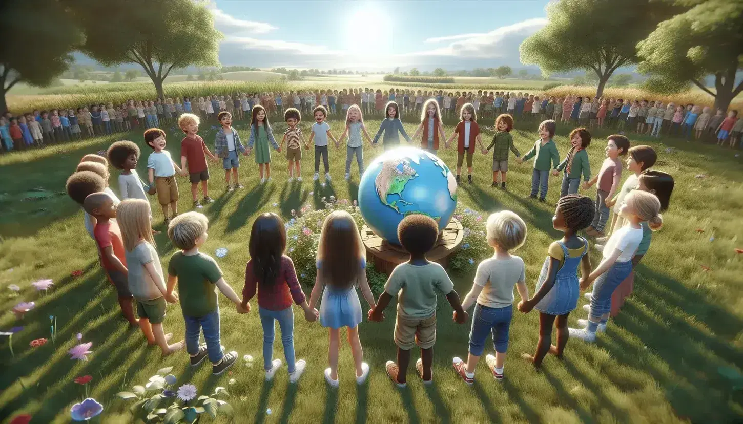 Niños de diversas etnias tomados de la mano alrededor de un globo terráqueo en un campo verde bajo un cielo azul, reflejando unidad y diversidad.