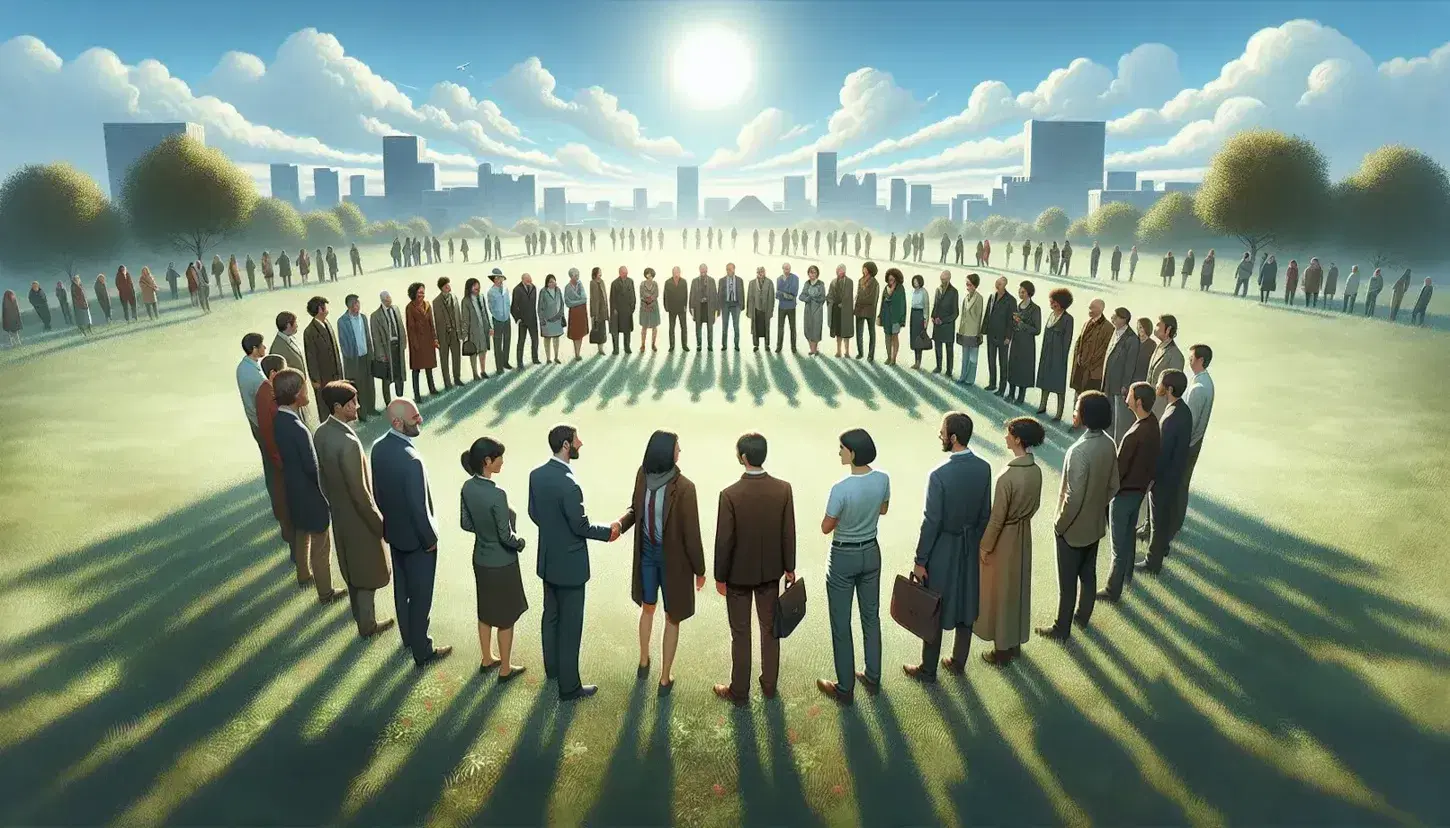 Gruppo eterogeneo di persone forma un cerchio in un parco cittadino mentre due individui si stringono la mano al centro.