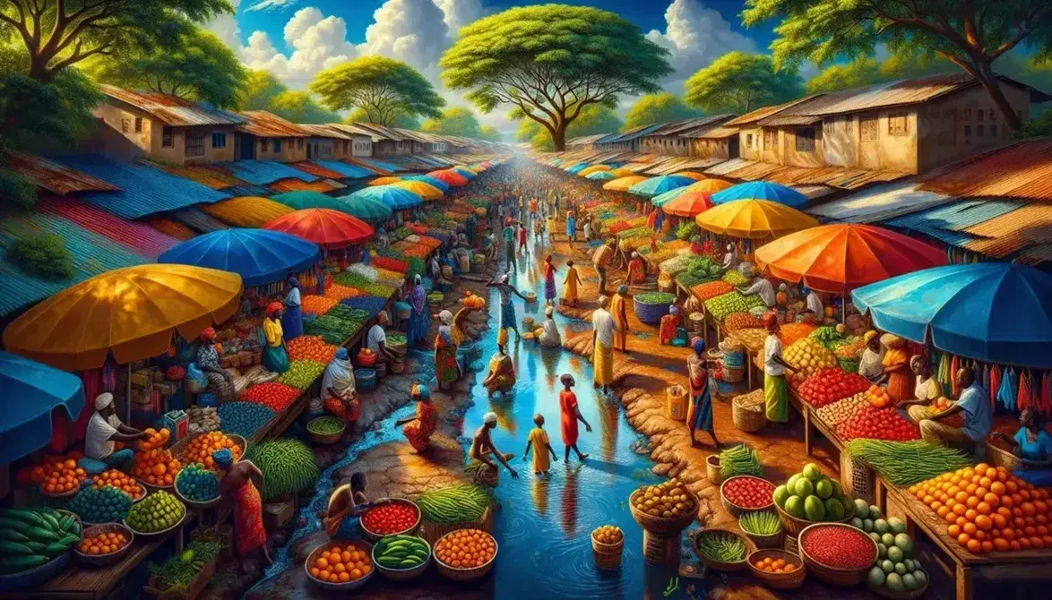Mercato all'aperto africano con bancarelle colorate, frutta fresca, persone in abiti tradizionali e bambini che giocano vicino a un ruscello.