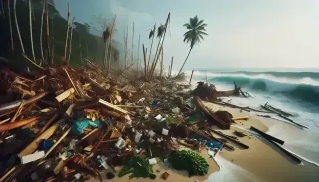 Coast devastated after the retreat of a tsunami wave, with scattered debris, bent palm trees and calm sea under a clear sky.