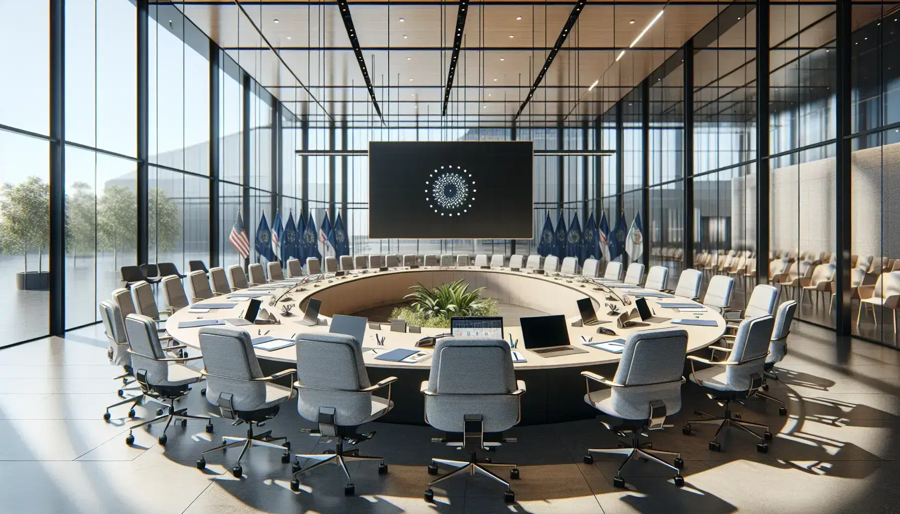 Sala conferenze moderna e luminosa con tavolo ovale, sedie ergonomiche grigie, laptop, fogli e penna in mano, schermo spento e bandiere.