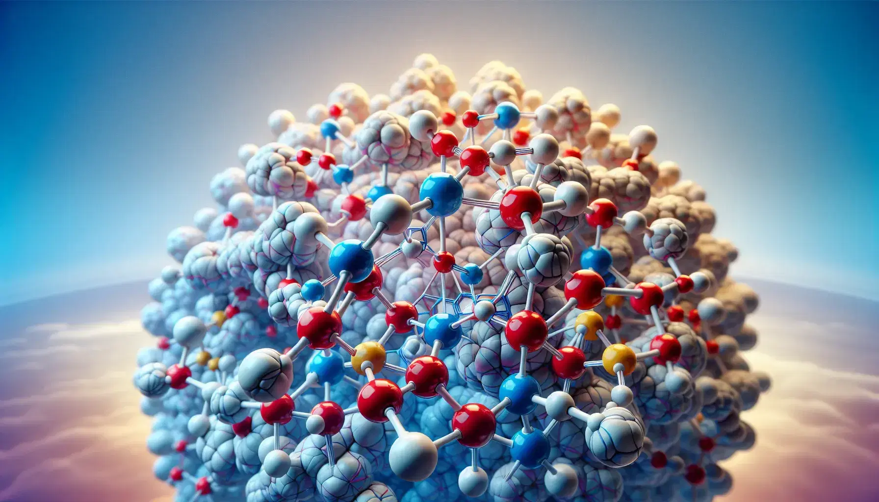 Three-dimensional molecular model with complex central molecule surrounded by smaller molecules, represented by colored spheres and sticks.