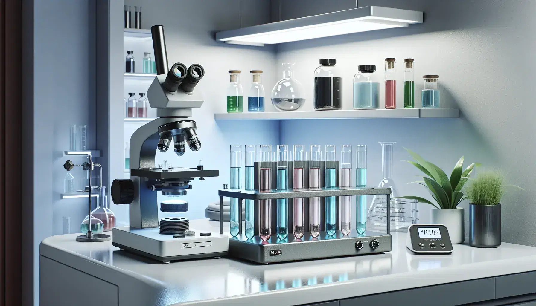 Laboratorio científico moderno y limpio con tubos de ensayo de colores en estante metálico, microscopio electrónico y balanza analítica digital, estantes con frascos de polvos coloridos.