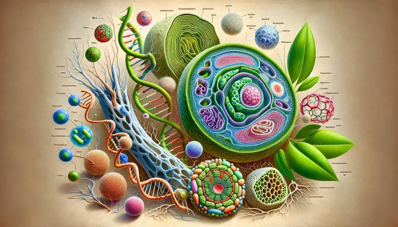 Célula vegetal ampliada con núcleo, cloroplastos verdes, pared celular y vacuola central, rodeada de estructuras moleculares como ADN, glucosa y proteínas, junto a sección transversal de tallo vegetal y hojas verdes.