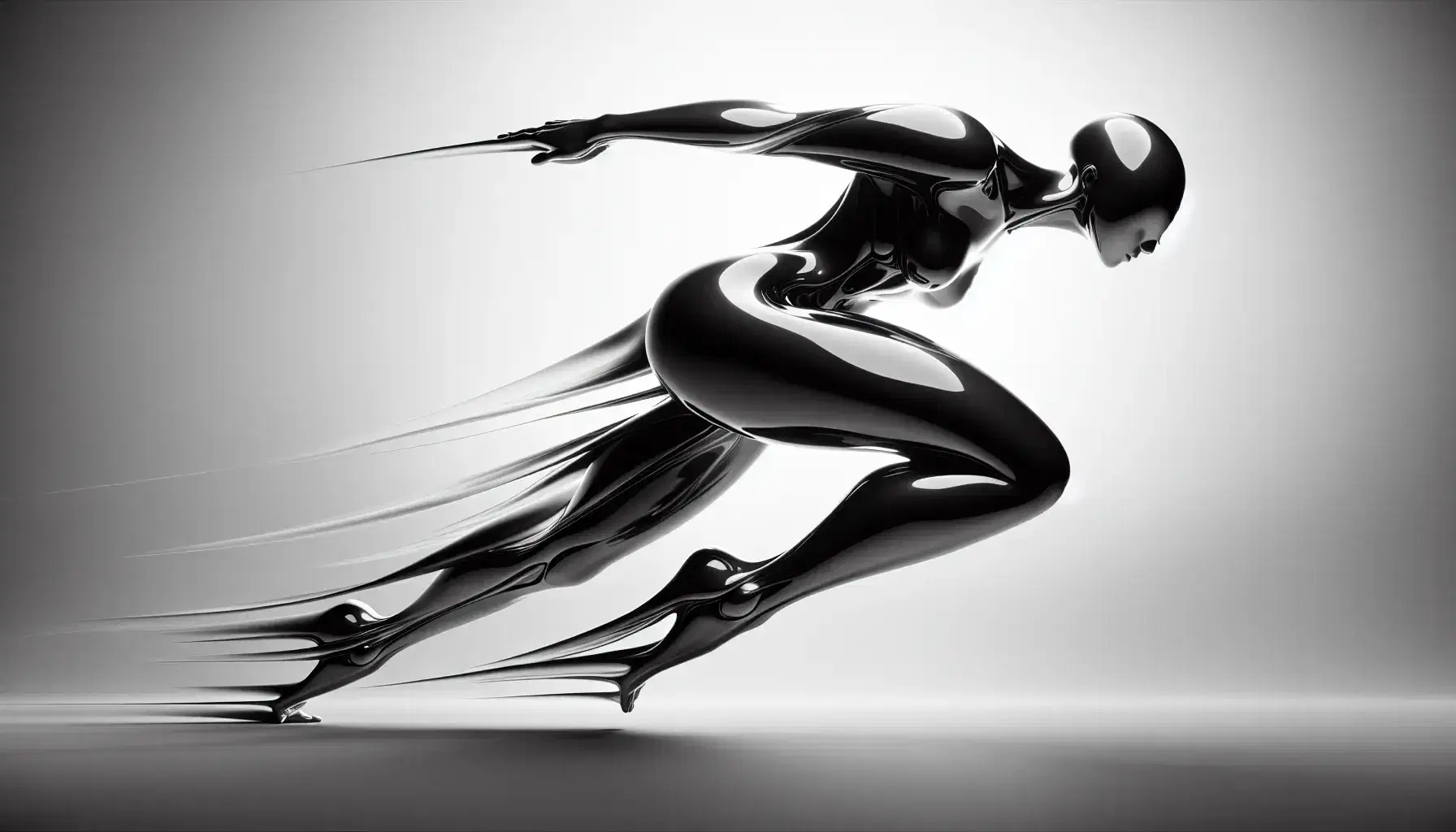 Scultura futuristica umanoide in movimento, con superfici lisce e curve che riflettono la luce, su sfondo sfocato neutro.