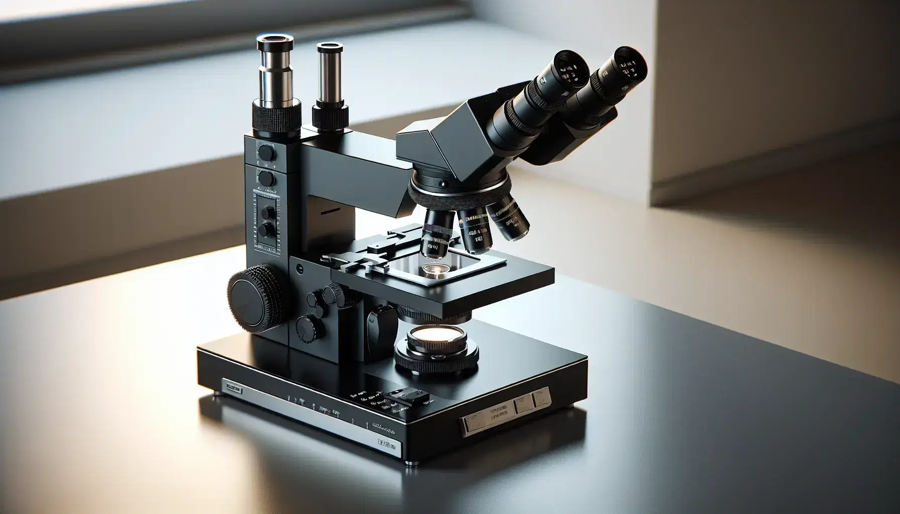 Microscopio óptico de laboratorio moderno con cabezal binocular y objetivos de distintas magnificaciones sobre mesa de trabajo, iluminando muestra de orina teñida.
