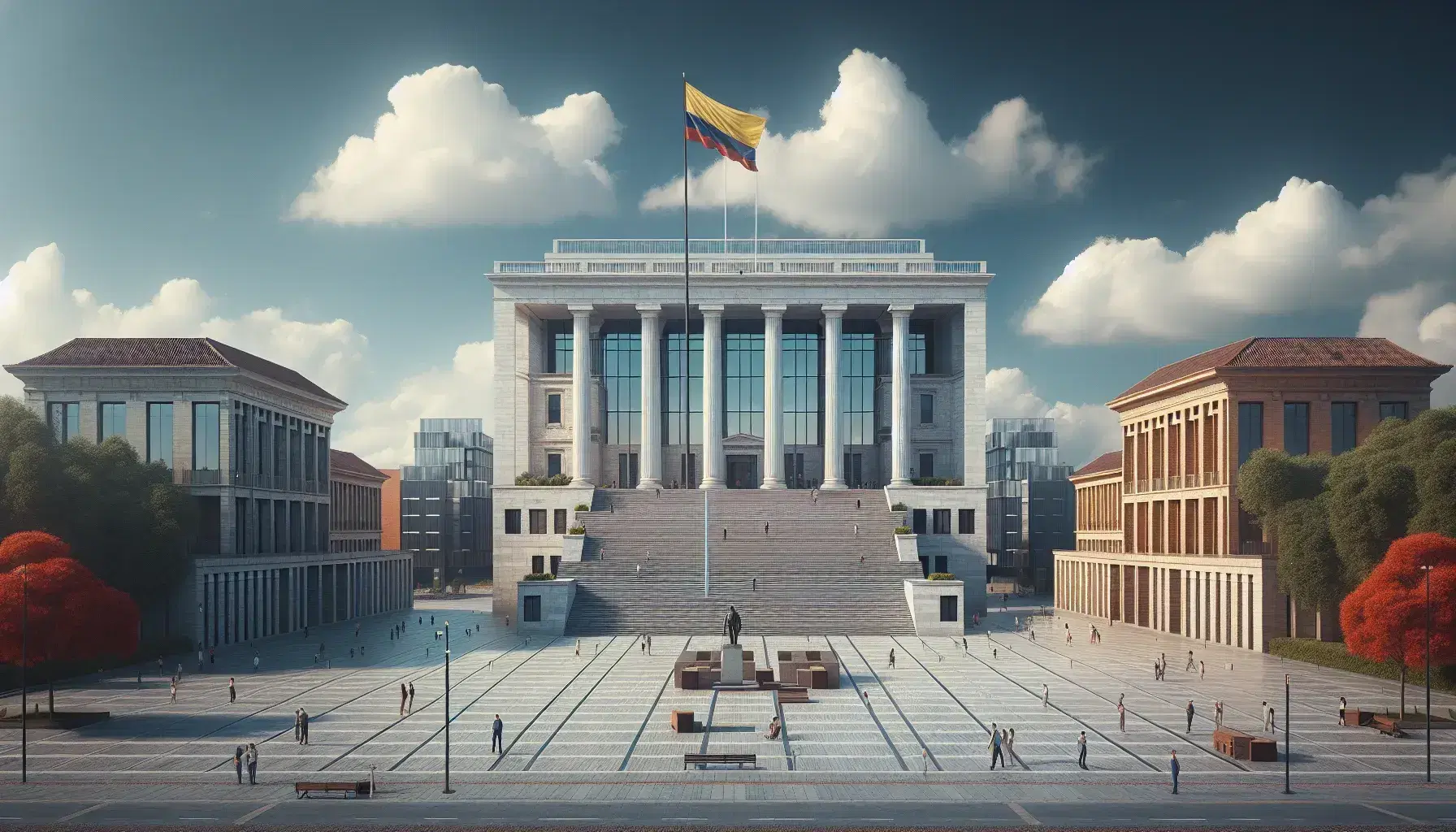 Edificios institucionales de estilos arquitectónicos variados bajo cielo azul, con plaza adoquinada, áreas verdes y bandera de Colombia ondeando.