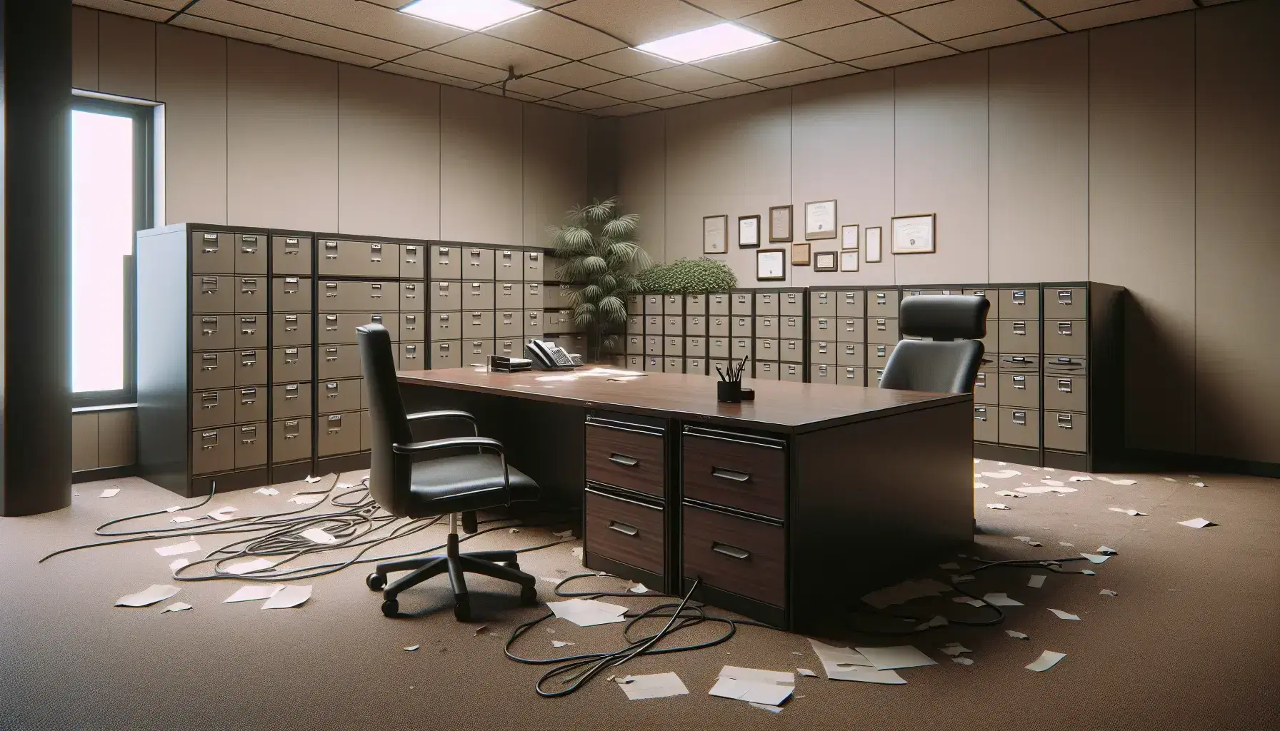 Empty office space with a large wooden desk, disconnected cables, a pushed-back office chair, open filing cabinets, and a vibrant potted plant by the window.