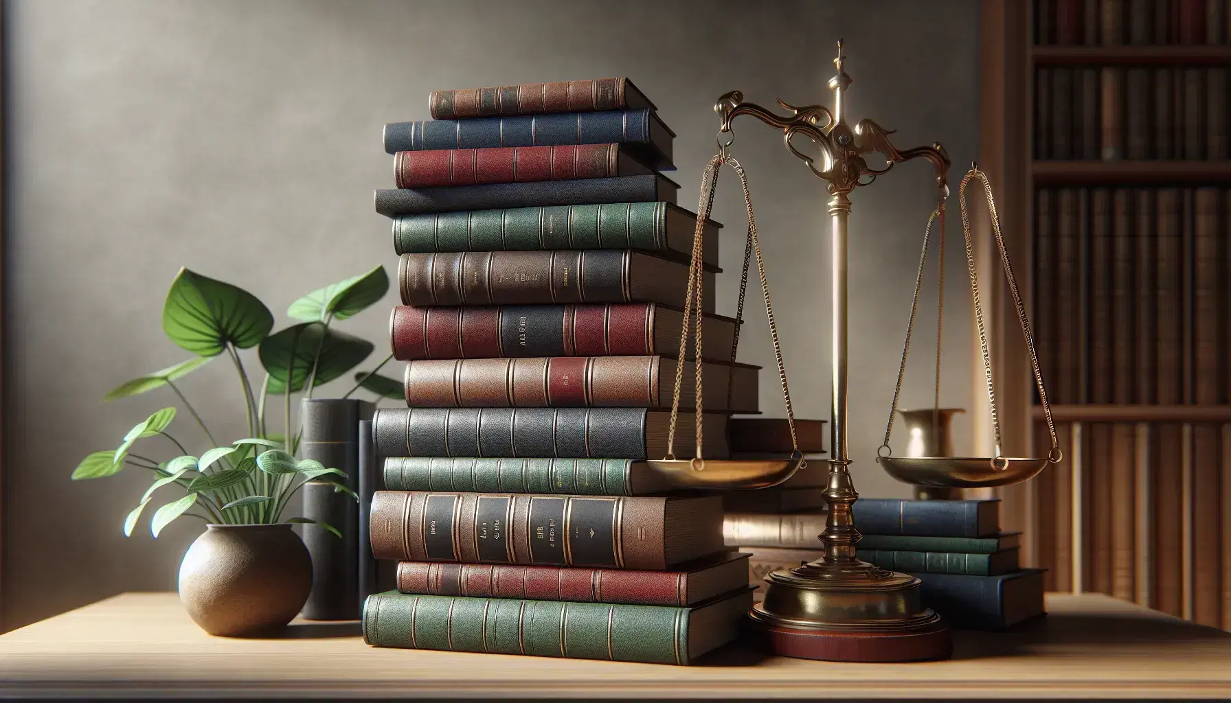 Libros apilados en mesa de madera con balanza de justicia dorada equilibrada y planta verde en maceta de terracota, iluminación suave y fondo neutro desenfocado.