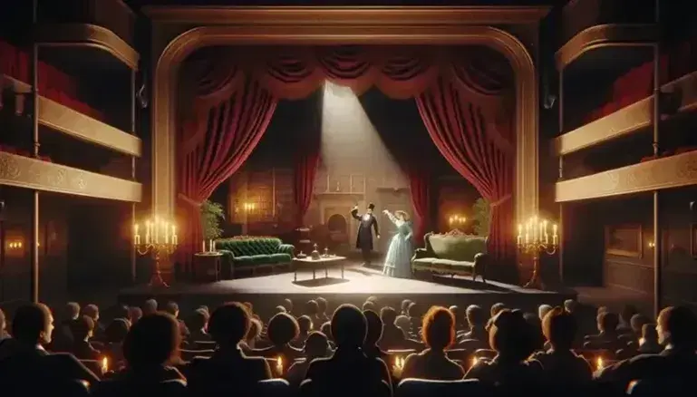 Escenario teatral con cortina roja, actores en vestuario de época, sofá de terciopelo y candelabro sobre mesa, ante público difuminado.