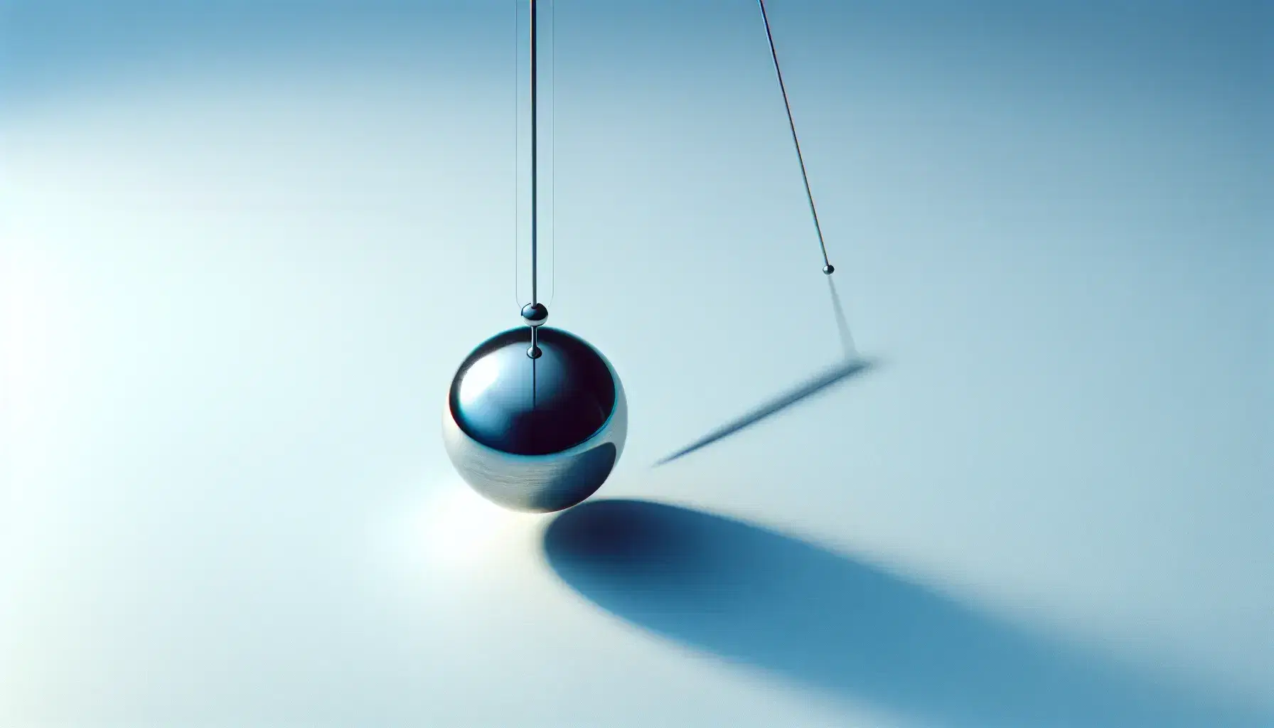 Simple pendulum with polished steel bob at peak arc against a gradient light blue background, reflecting light with a soft shadow to the right.