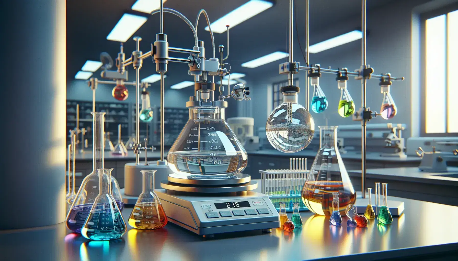 Laboratorio de química con erlenmeyers de líquidos coloridos, balanza analítica, agitador magnético y tubo de ensayo con sustancia verde.