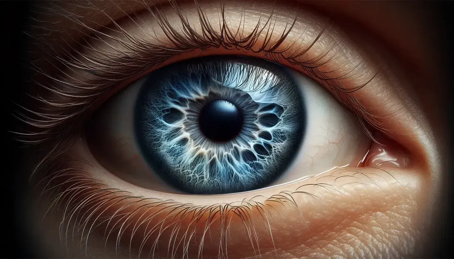 Close-up of a human eye with vibrant blue iris, dilated pupil and long eyelashes, without makeup on blurred background.