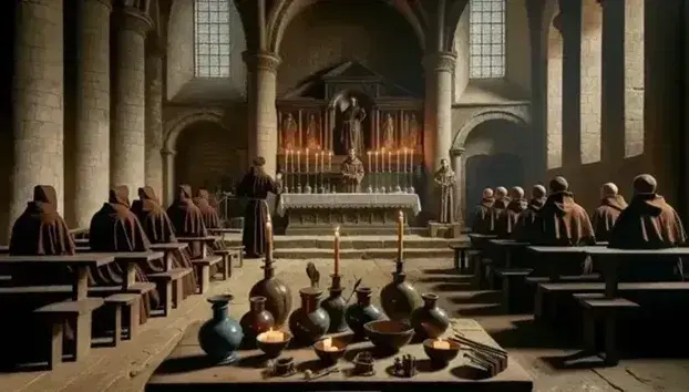 Interior de abadía medieval con bancos de madera, altar con candelabro, estatua de santo, monjes en oración y mesa con utensilios de apotecario.