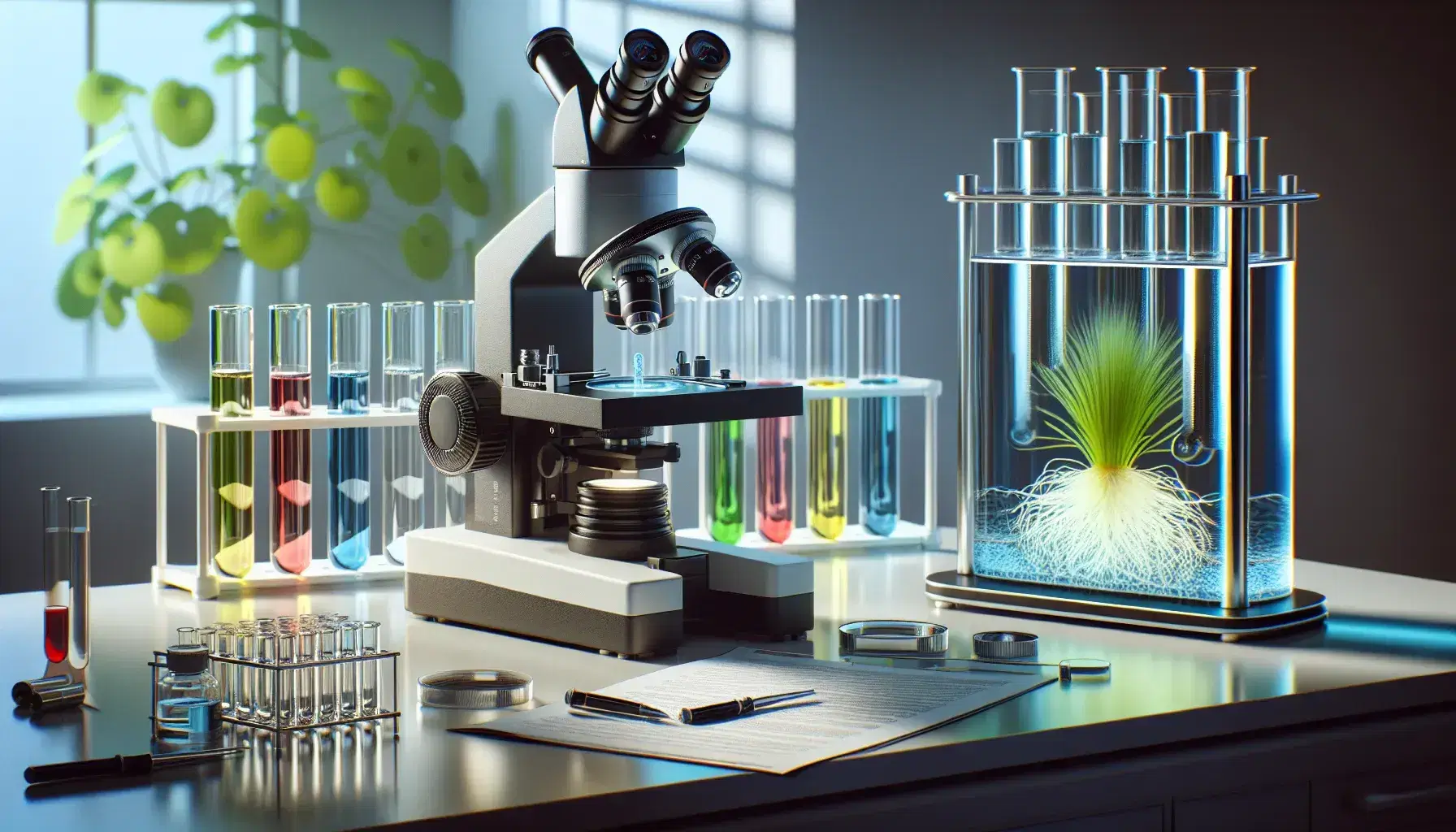 Microscopio compuesto en laboratorio de biología con portaobjetos y muestra teñida, junto a tubos de ensayo de colores y planta en hidrocultivo.