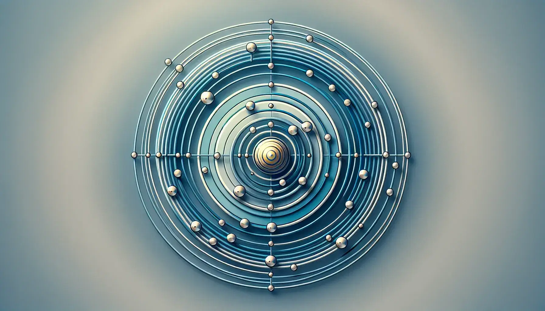 Stylized representation of an atom with concentric circles in shades of blue and golden spheres at the nucleus surrounded by silver electrons.