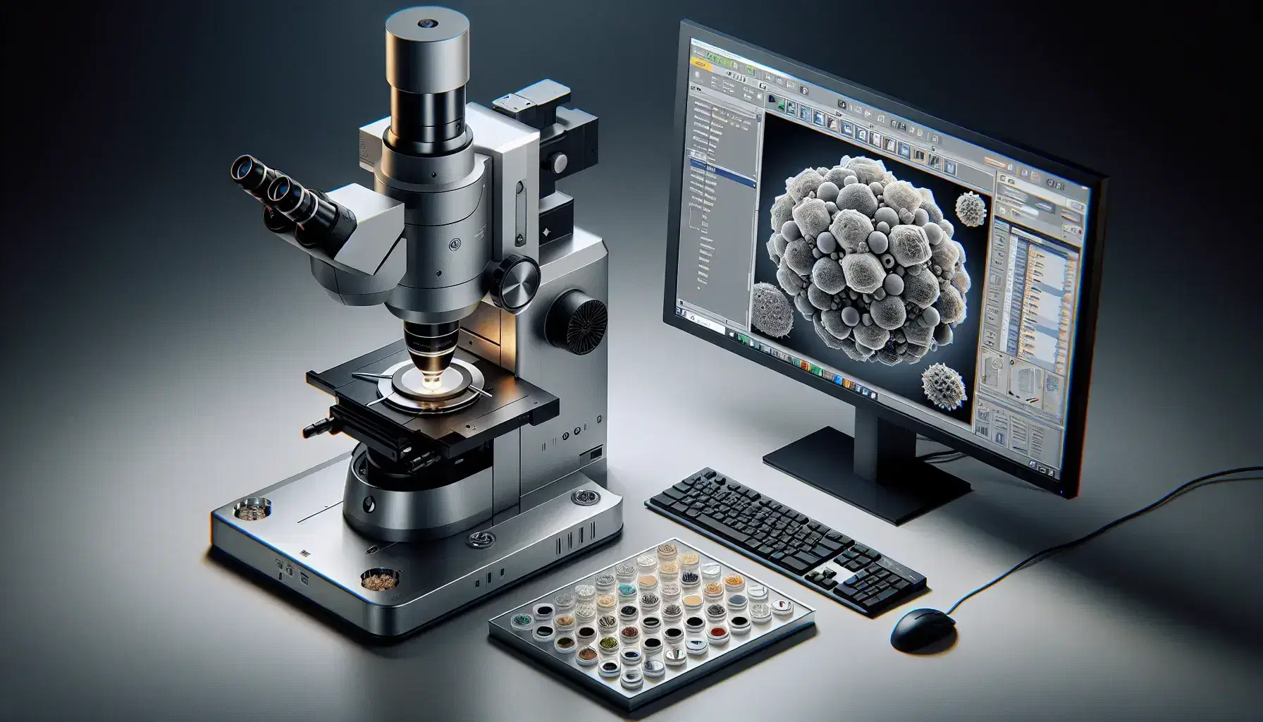 Microscopio electrónico de barrido moderno con cañón de electrones, cámara de muestra abierta y bandeja con muestras biológicas, junto a monitor mostrando estructura ampliada en laboratorio de investigación.