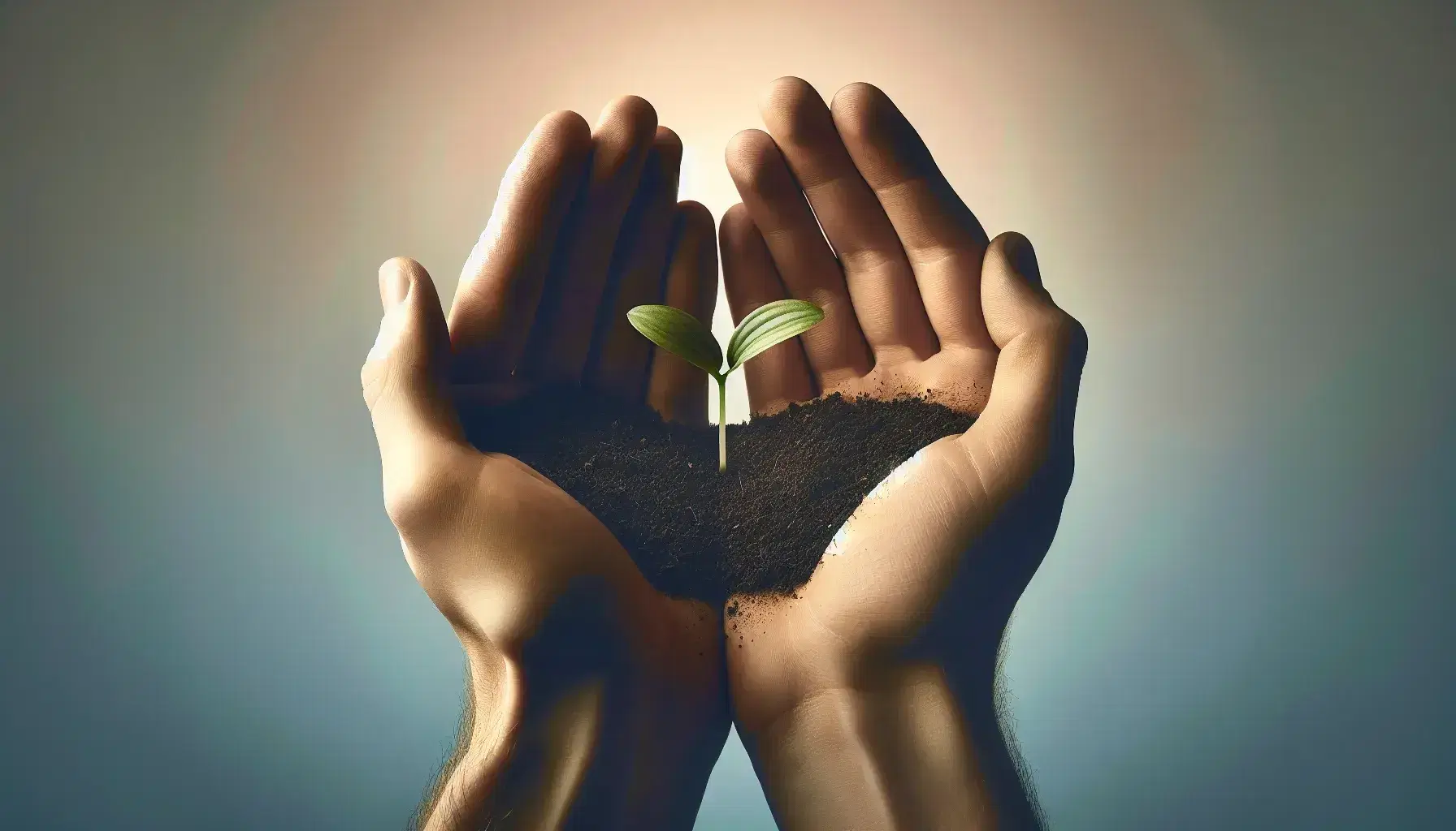 Manos de piel clara y oscura sosteniendo tierra fértil con un brote verde, simbolizando diversidad y crecimiento, sobre fondo degradado azul a rosa.