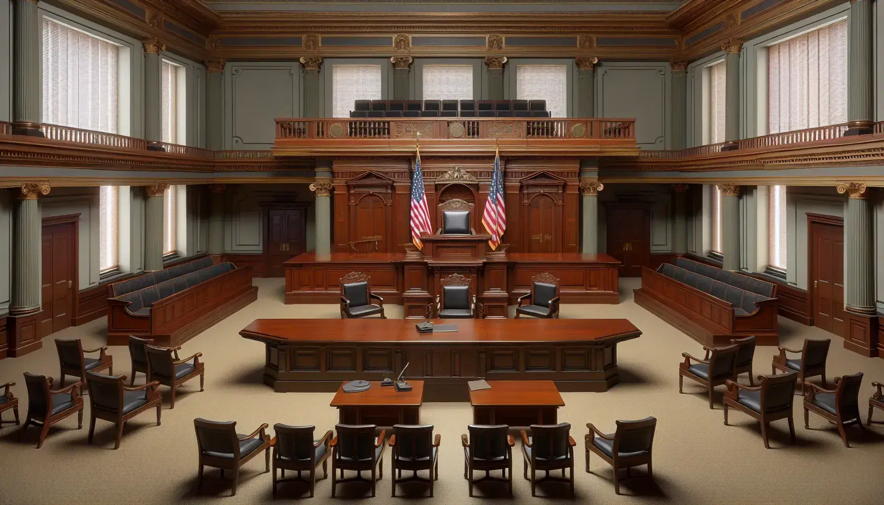 Interior of a majestic courtroom with a dark wood judge's bench, American flags, lawyers' table, jury box and spectator benches.