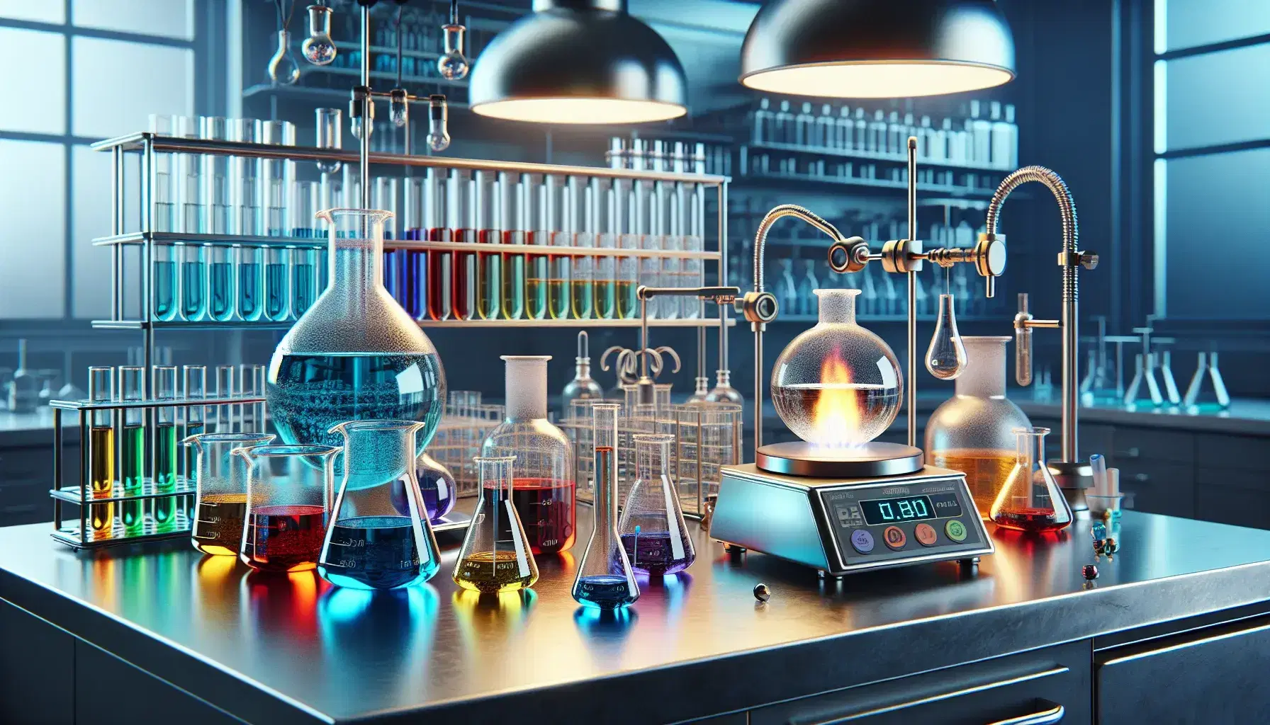 Laboratorio scientifico moderno con bilancia analitica digitale, becher colorati, bruciatore Bunsen acceso e provette su scaffali.