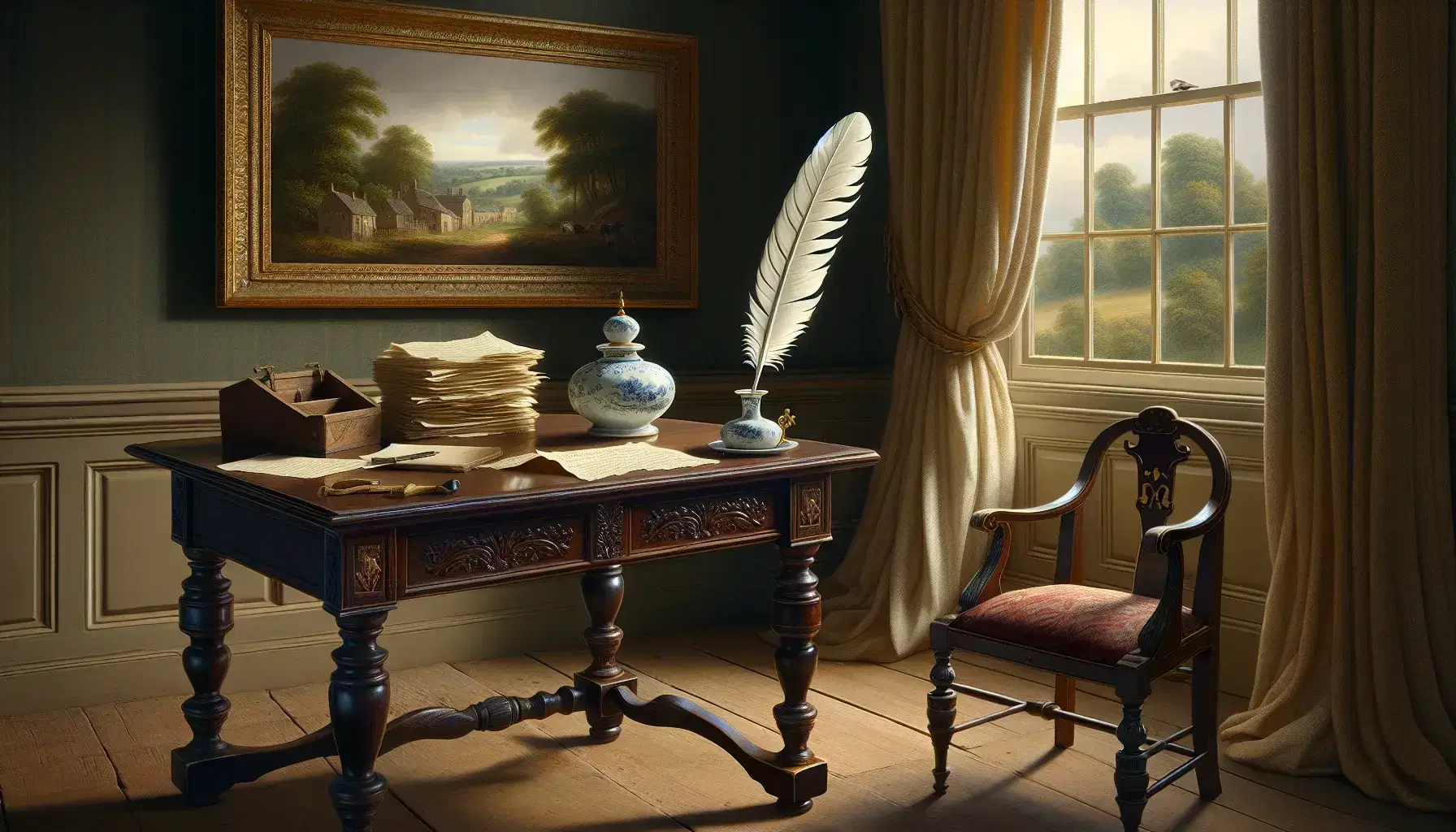 Escena de salón del siglo XIX con mesa de madera oscura, pluma y tintero de porcelana, silla con cojín de terciopelo rojo y estantería con libros encuadernados.
