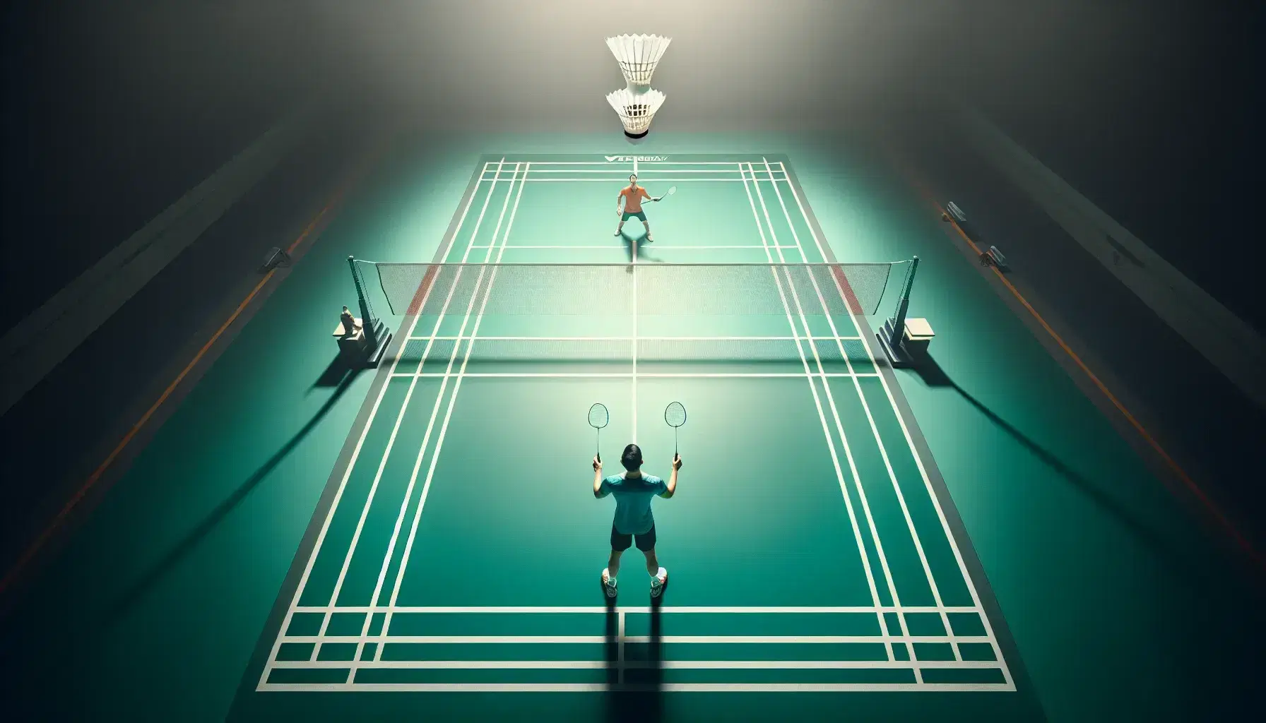 Cancha de bádminton con jugadores en posición de espera, red central, volante en vuelo y líneas blancas marcando el área de juego.