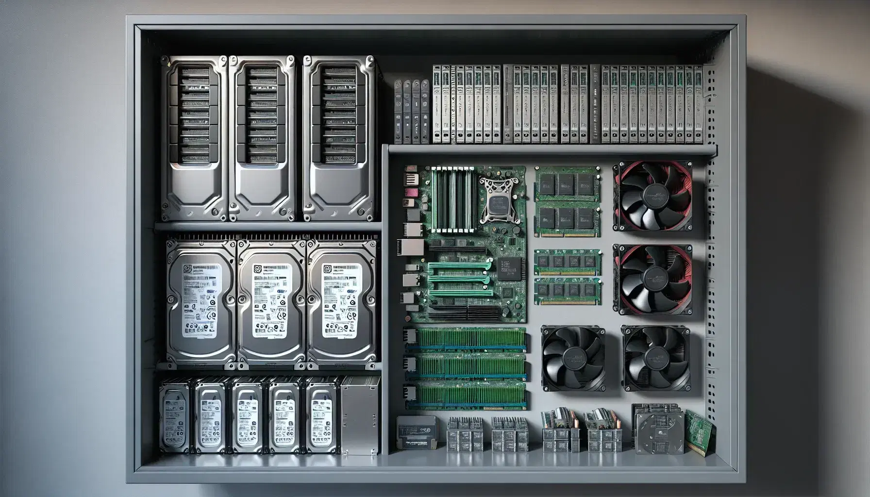 Estante metálico con componentes de hardware como discos duros, memorias RAM, procesadores, ventiladores de CPU y tarjetas de expansión, todos sin marcas visibles, y manuales apilados.