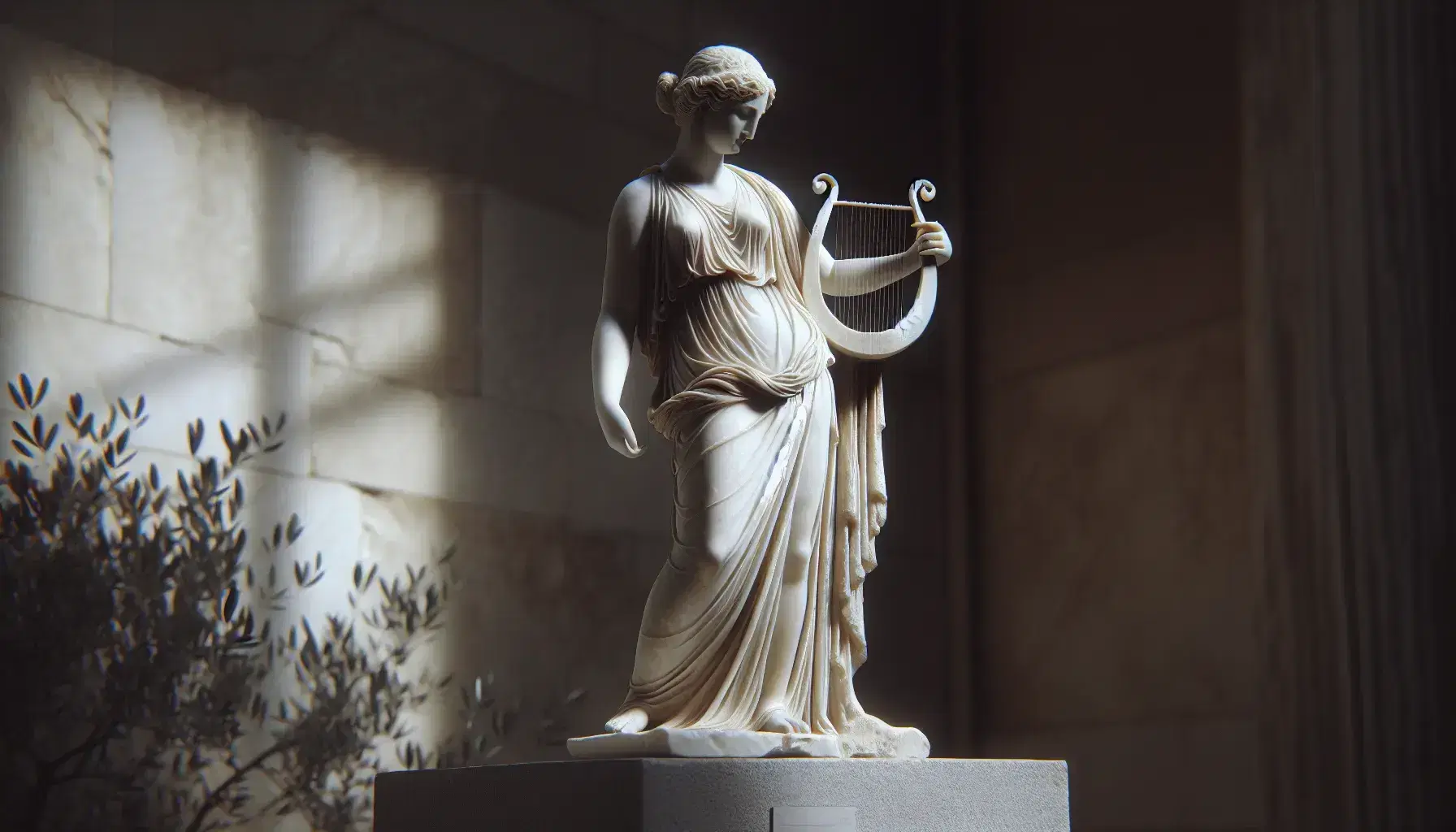 Statua in marmo di Saffo con abito drappeggiato e lira, su piedistallo grigio, in ambiente esterno con foglie d'ulivo.