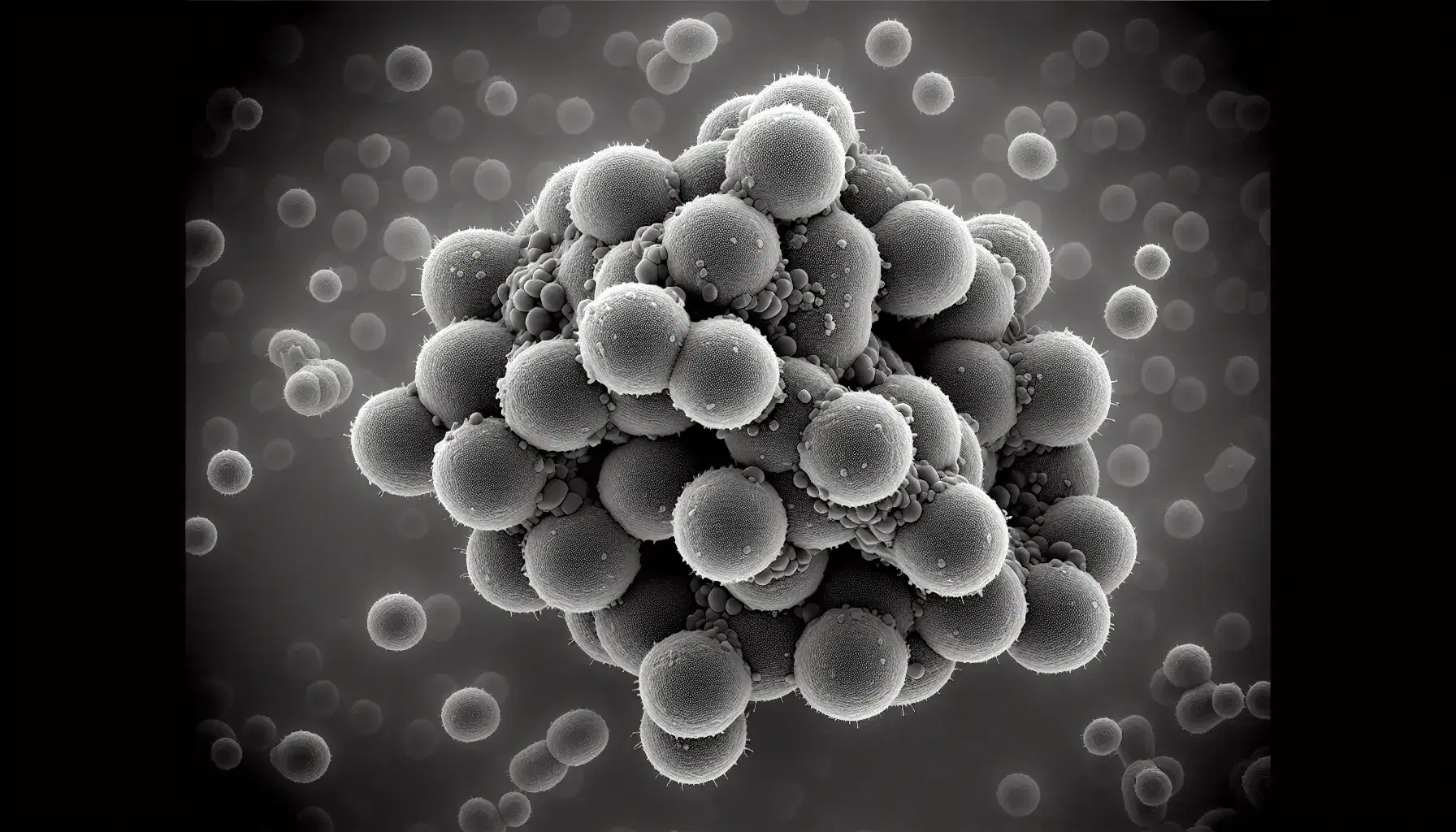 Microscopio electrónico muestra bacterias esféricas agrupadas similar a racimo de uvas con superficie rugosa en tonos de gris, destacando su forma contra fondo oscuro.