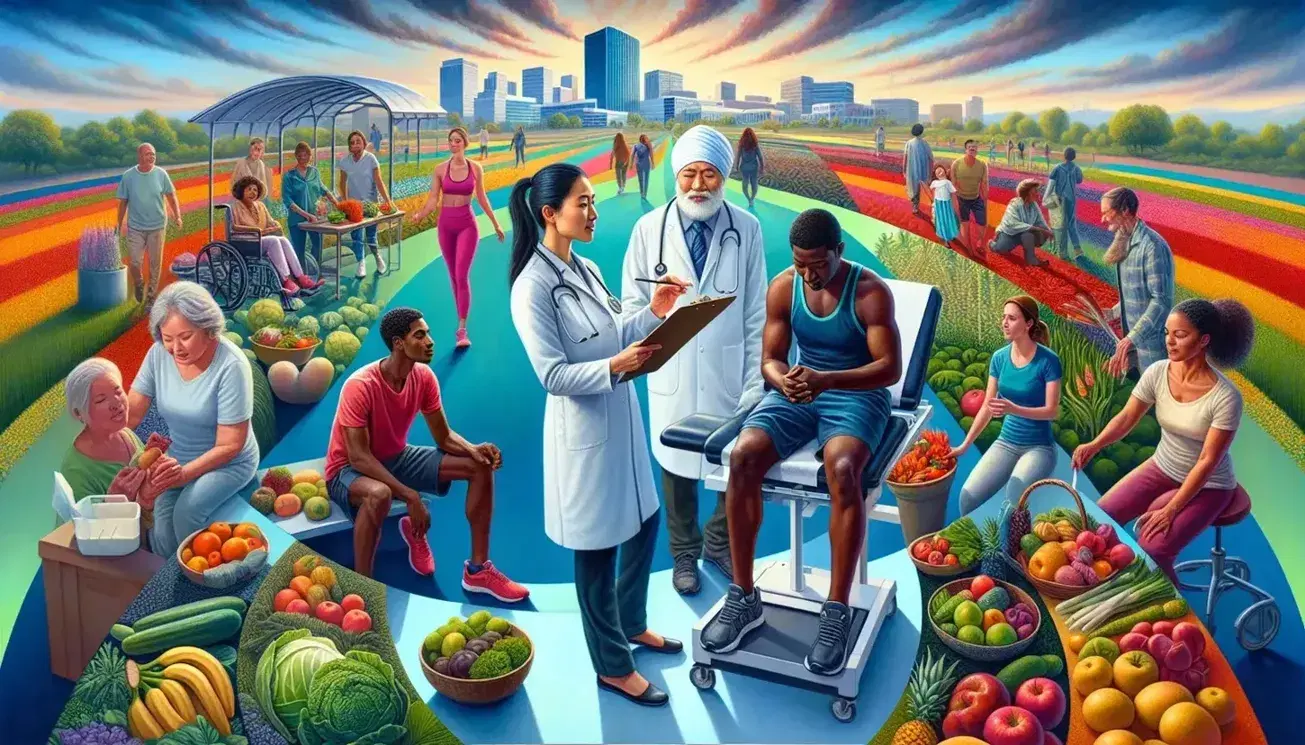 Diverse group engaging in health activities: South Asian doctor with patient, Black individual running on treadmill, Hispanic person selecting fresh produce.