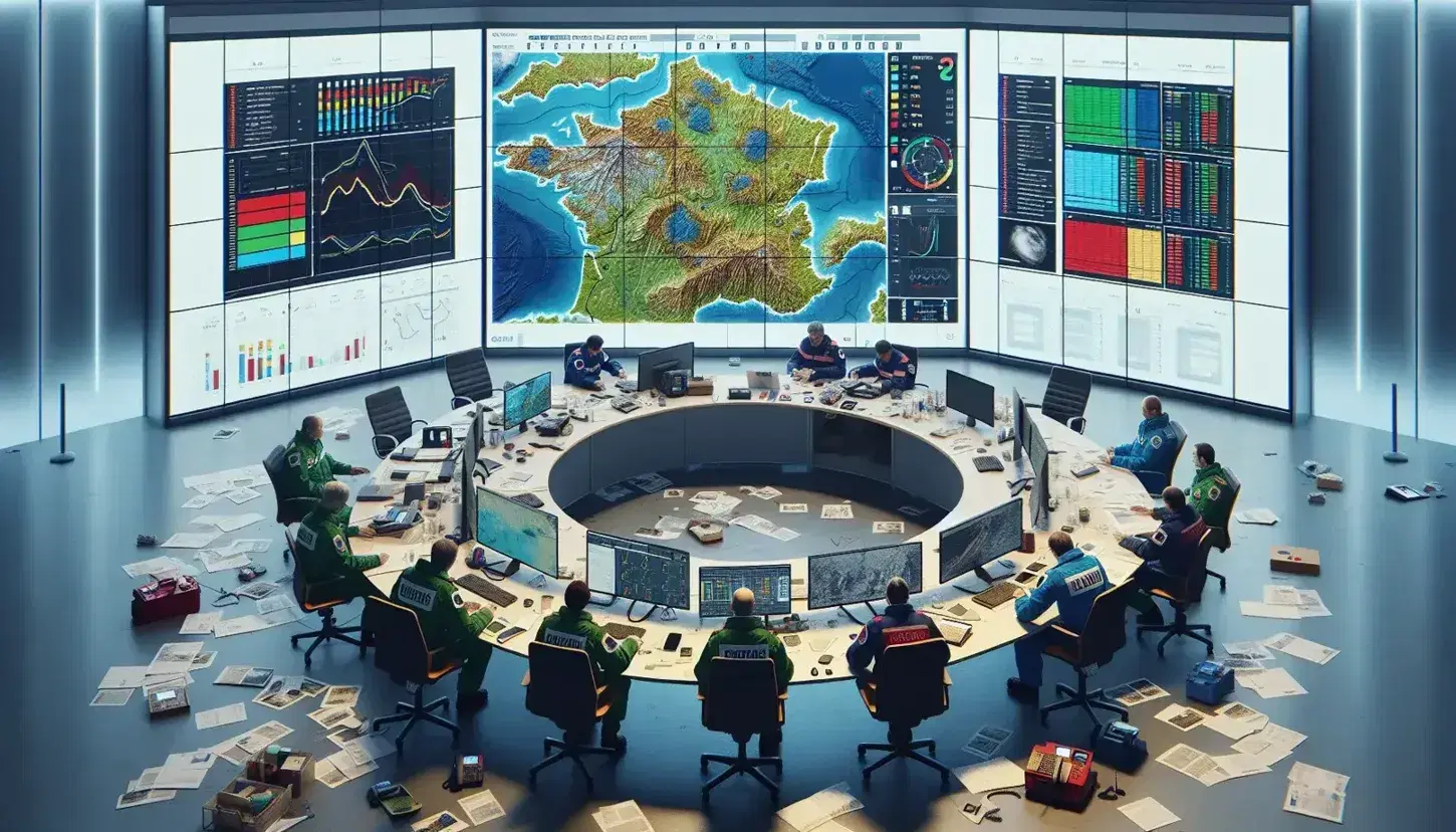 Centro de operaciones de emergencia con personal trabajando, mesa con teléfonos y radios, pantalla dividida con mapas y gráficos, y pizarrón con marcadores.