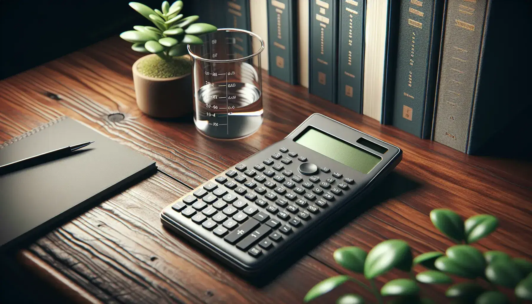 Scientific calculator with cover on wooden desk, flanked by a green potted plant and a half-filled glass beaker, with blurred textbooks in the background.