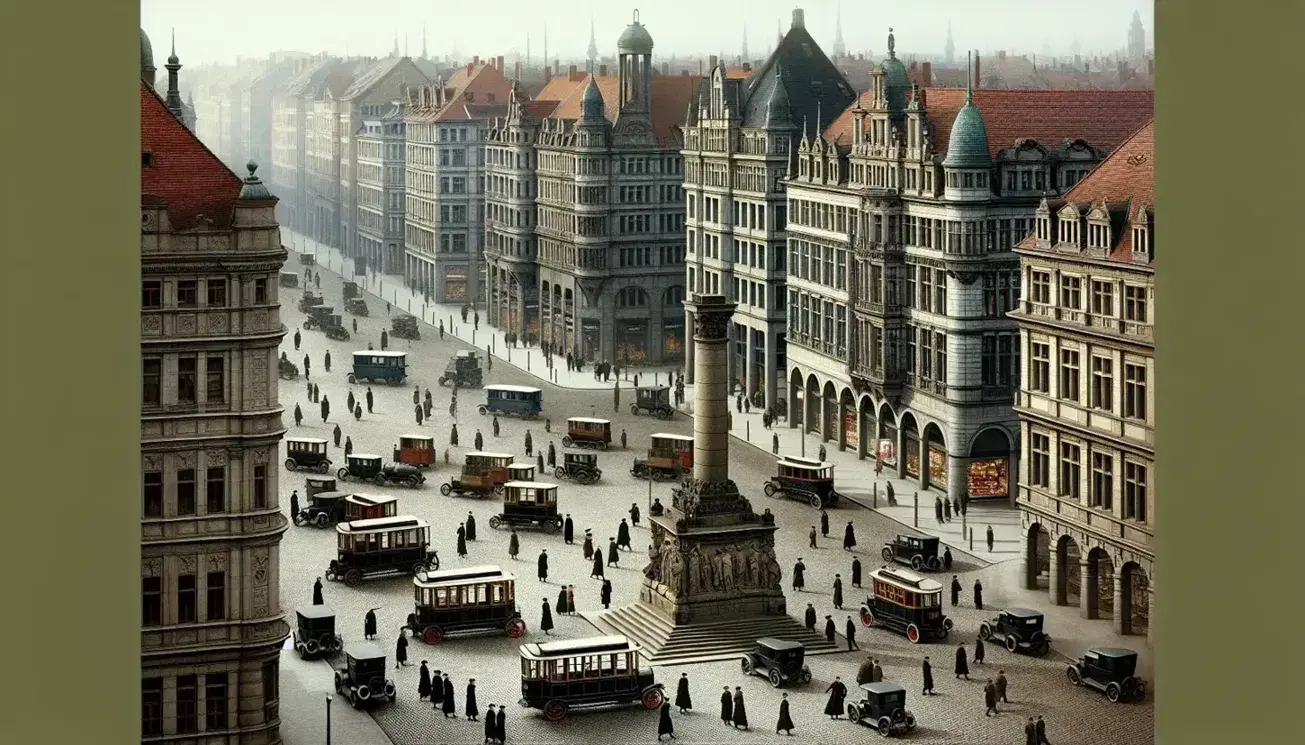 Escena urbana de Alemania en los años 20 con calles adoquinadas, edificios ornamentados, vehículos vintage, tranvías y personas con moda de época cerca de un monumento en una plaza.
