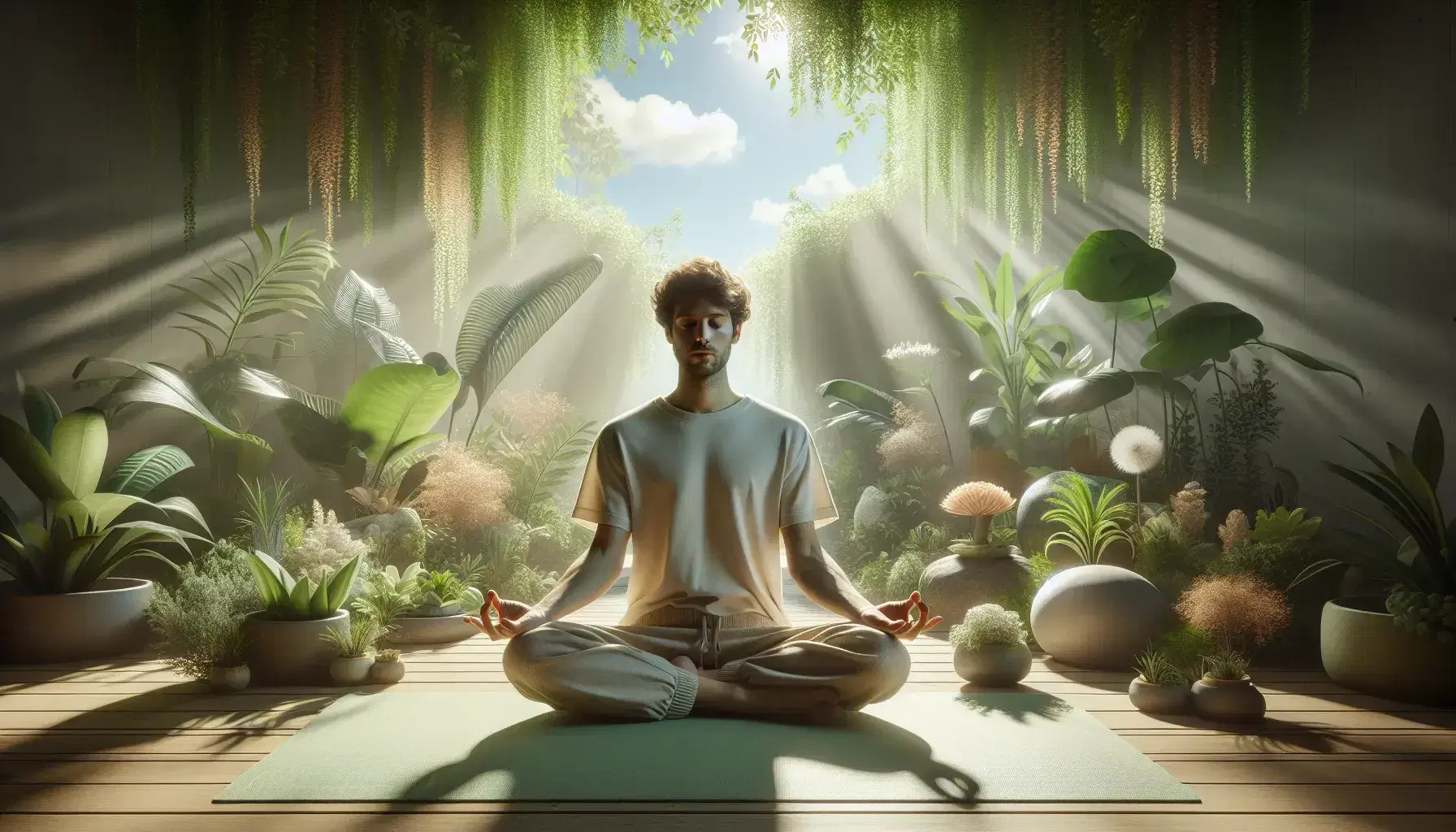 Persona meditando en posición de loto sobre esterilla verde en entorno natural, rodeada de plantas y bajo luz solar filtrada por árboles con cielo azul al fondo.