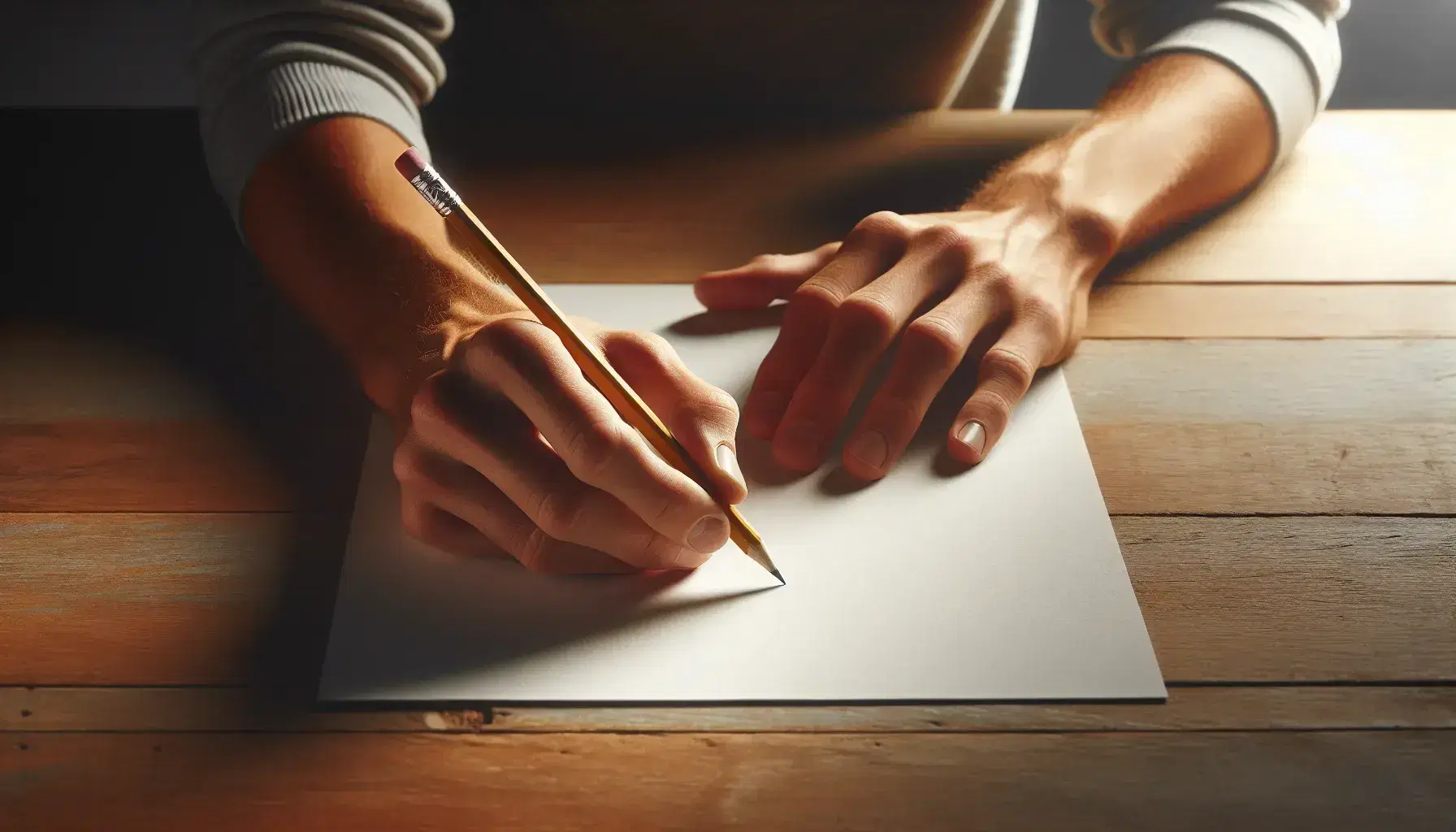 Close-up view of hands holding a yellow pencil over a blank sheet on a wooden desk, ready to write or draw, with natural light casting soft shadows.
