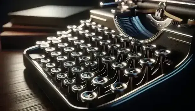 Primo piano di tasti lucidi e rotondi di una macchina da scrivere vintage su superficie in legno scuro, con sfondo sfocato di libri rilegati.