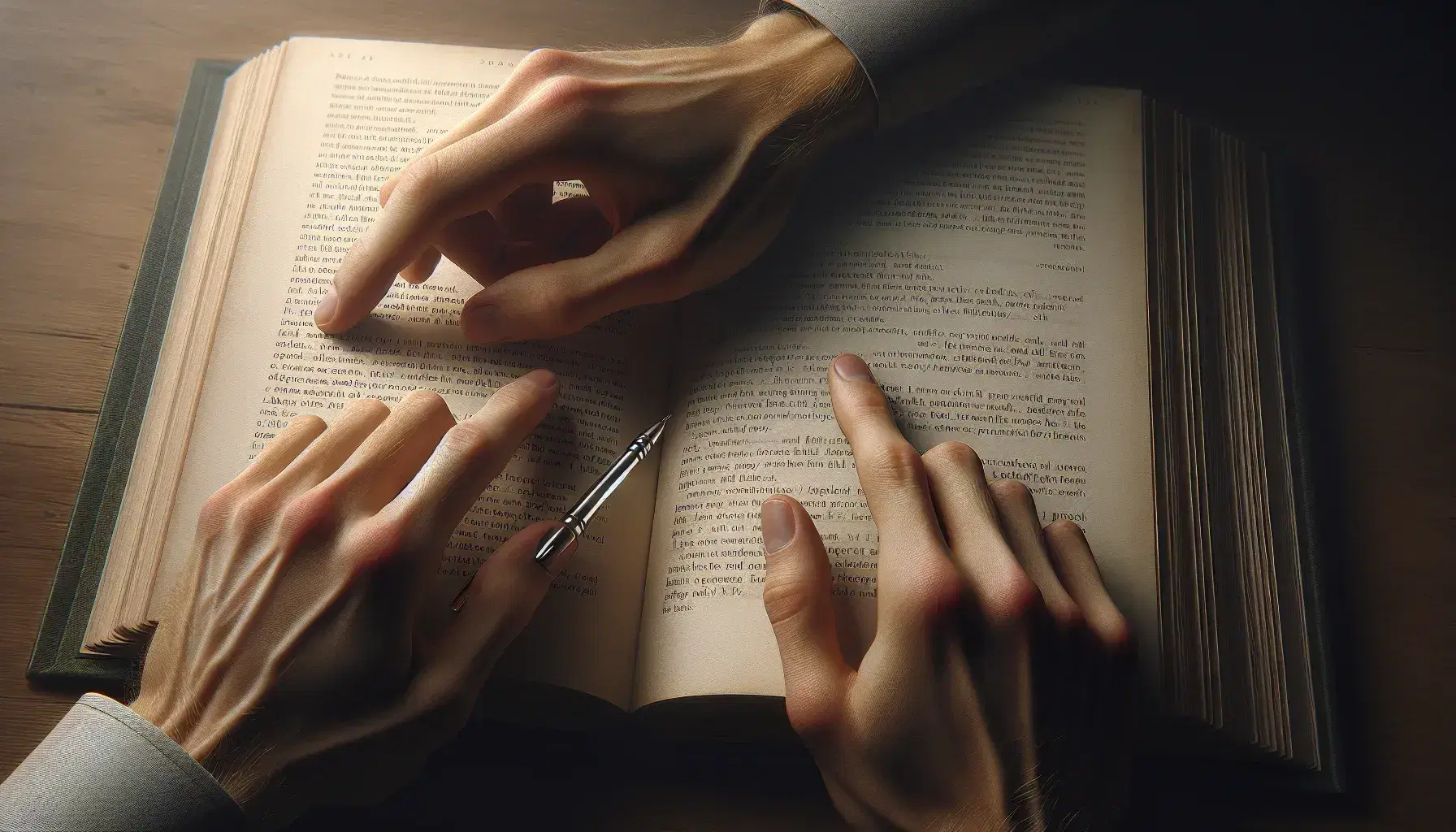 Close-up of hands on an open book with indiscernible text, one hand pointing to a line, the other holding a pen, ready to annotate.