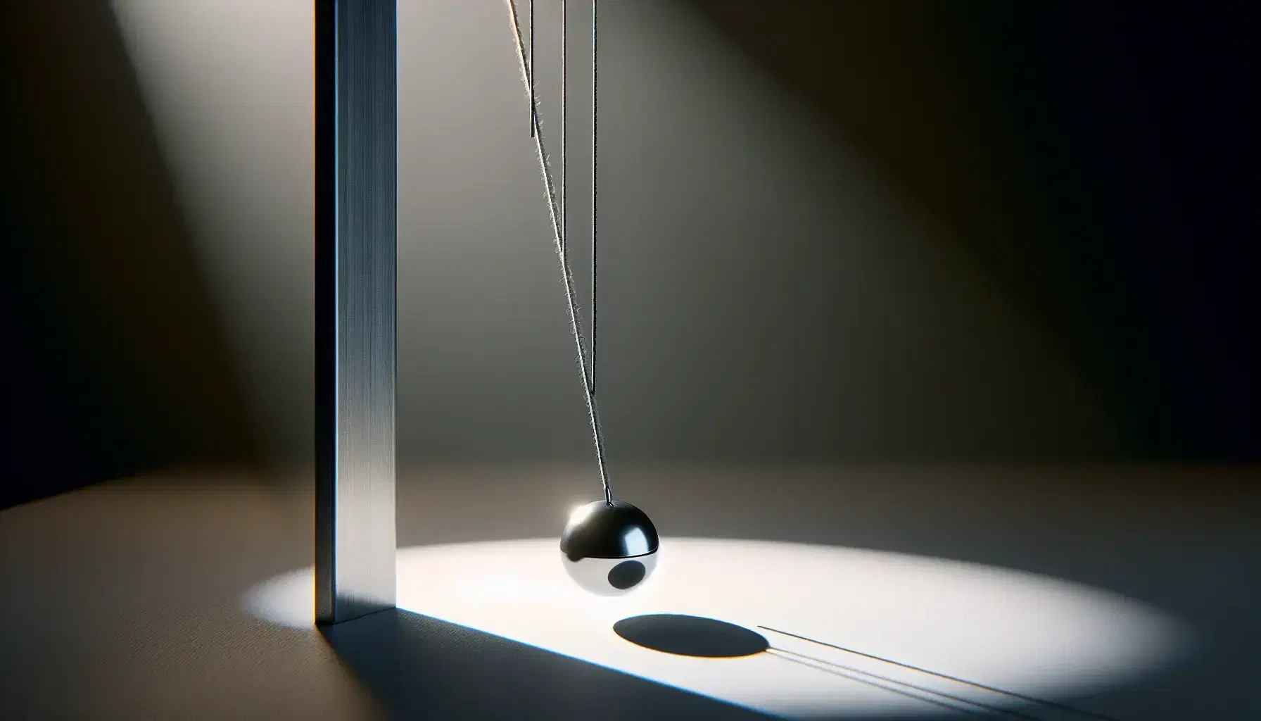 Pendolo semplice in movimento con filo grigio e sfera metallica riflettente, catturato a metà oscillazione su sfondo sfocato.