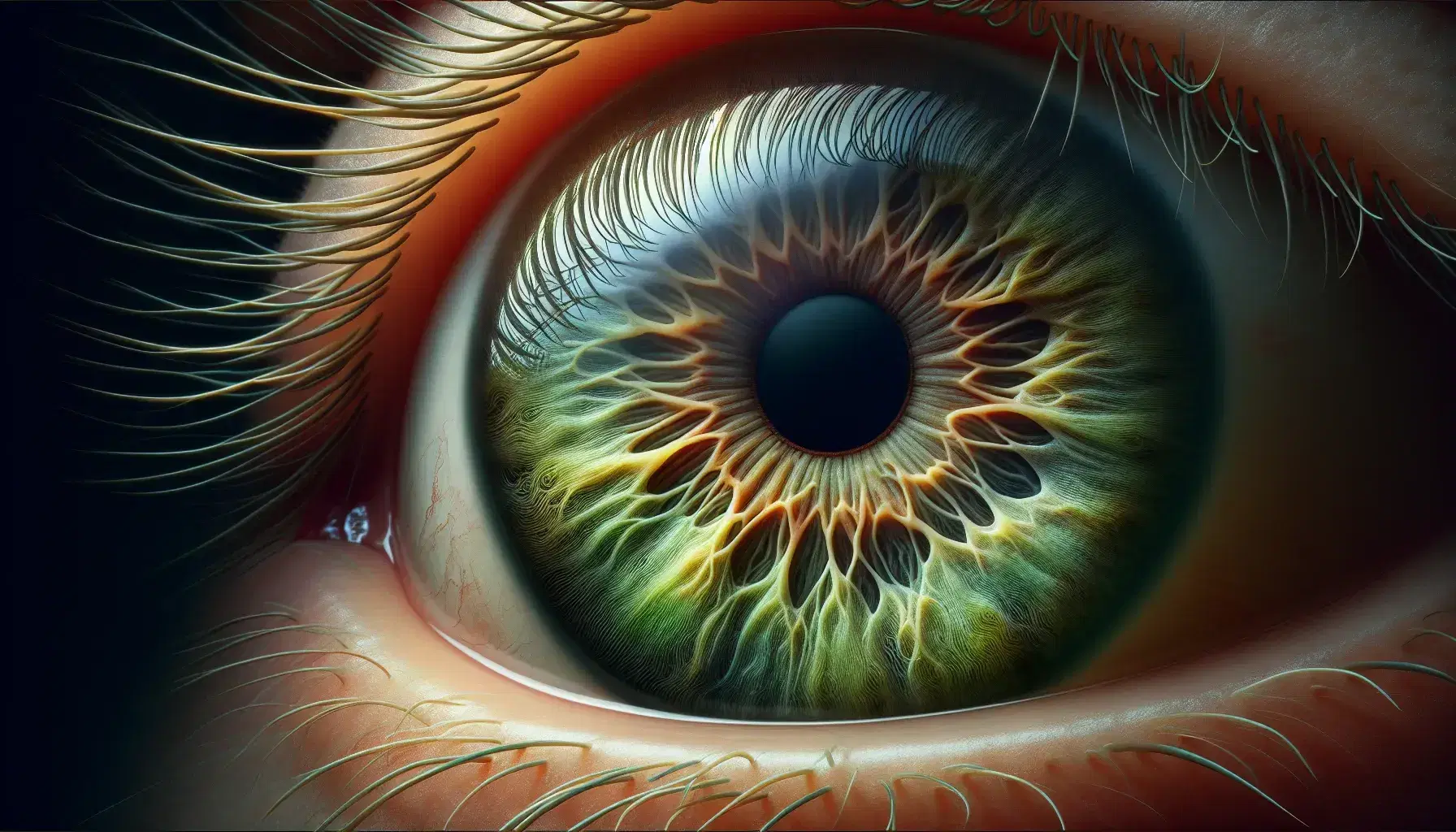 Close-up of a human eye with green and brown iris, black pupil, white sclera with blood vessels and curved eyelashes on natural blurred background.